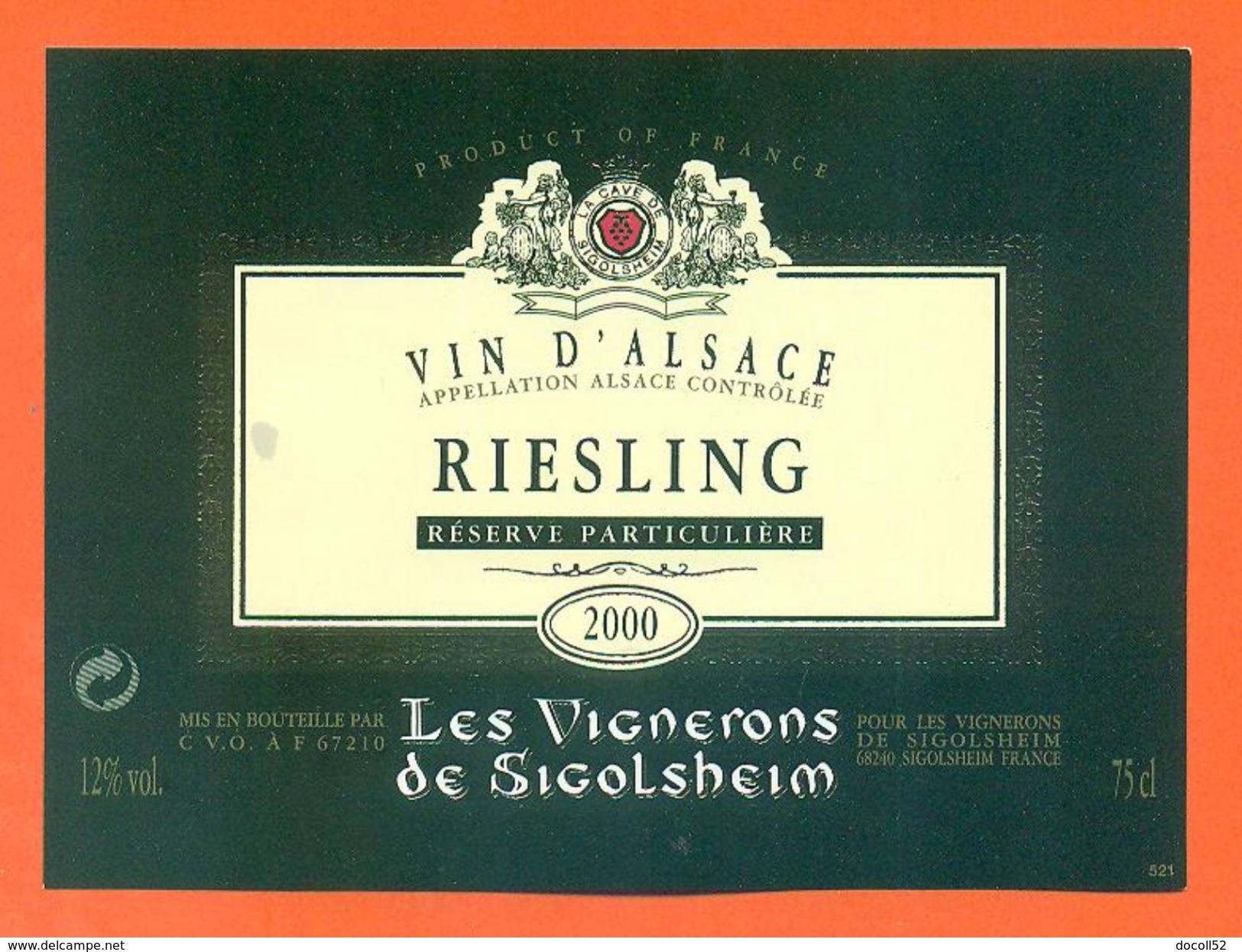 Etiquette Vin D'alsace Riesling 2000 Les Vignerons à Sigolsheim -75 Cl - Riesling