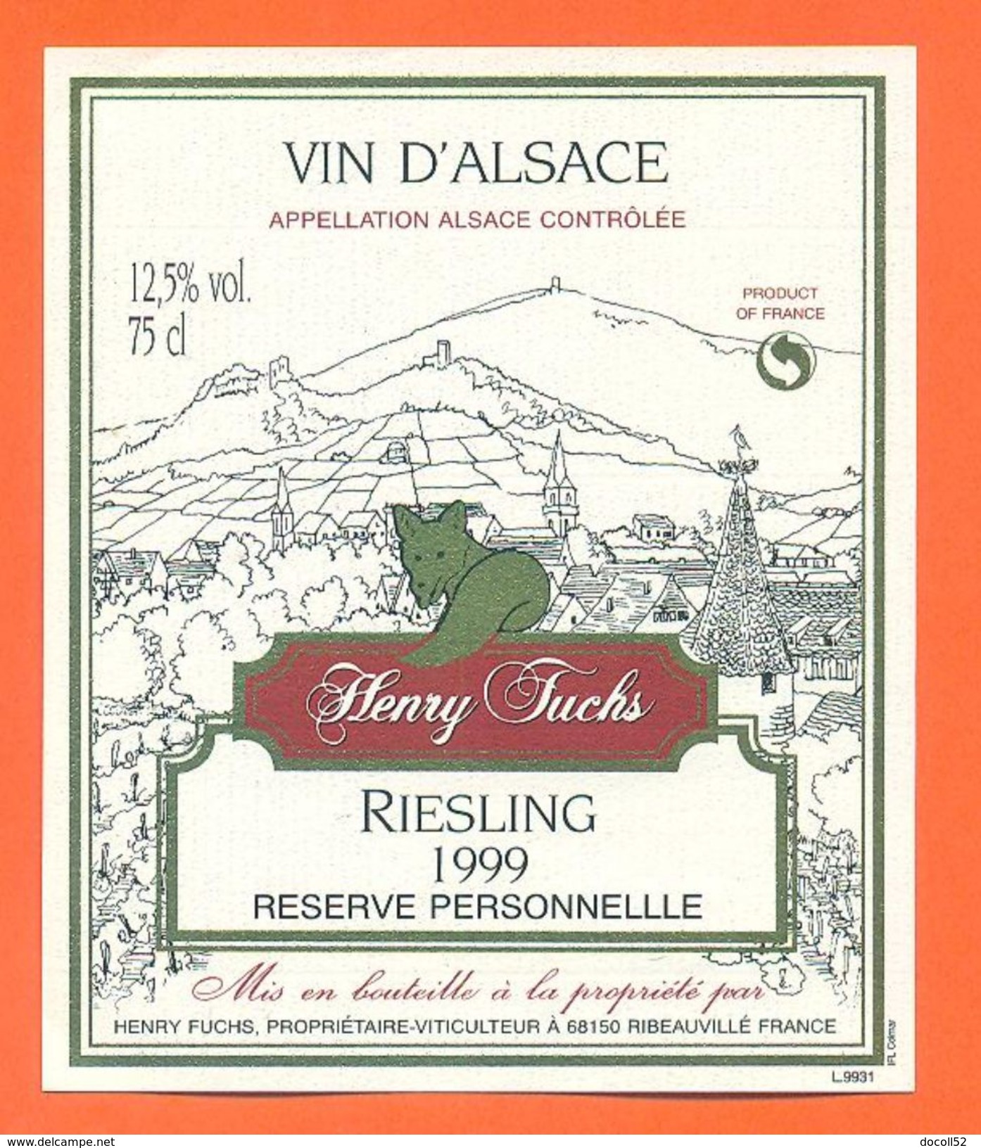 Etiquette Vin D'alsace Riesling 1999 Henry Fuchs à Ribeauvillé -75 Cl - Renard - Riesling