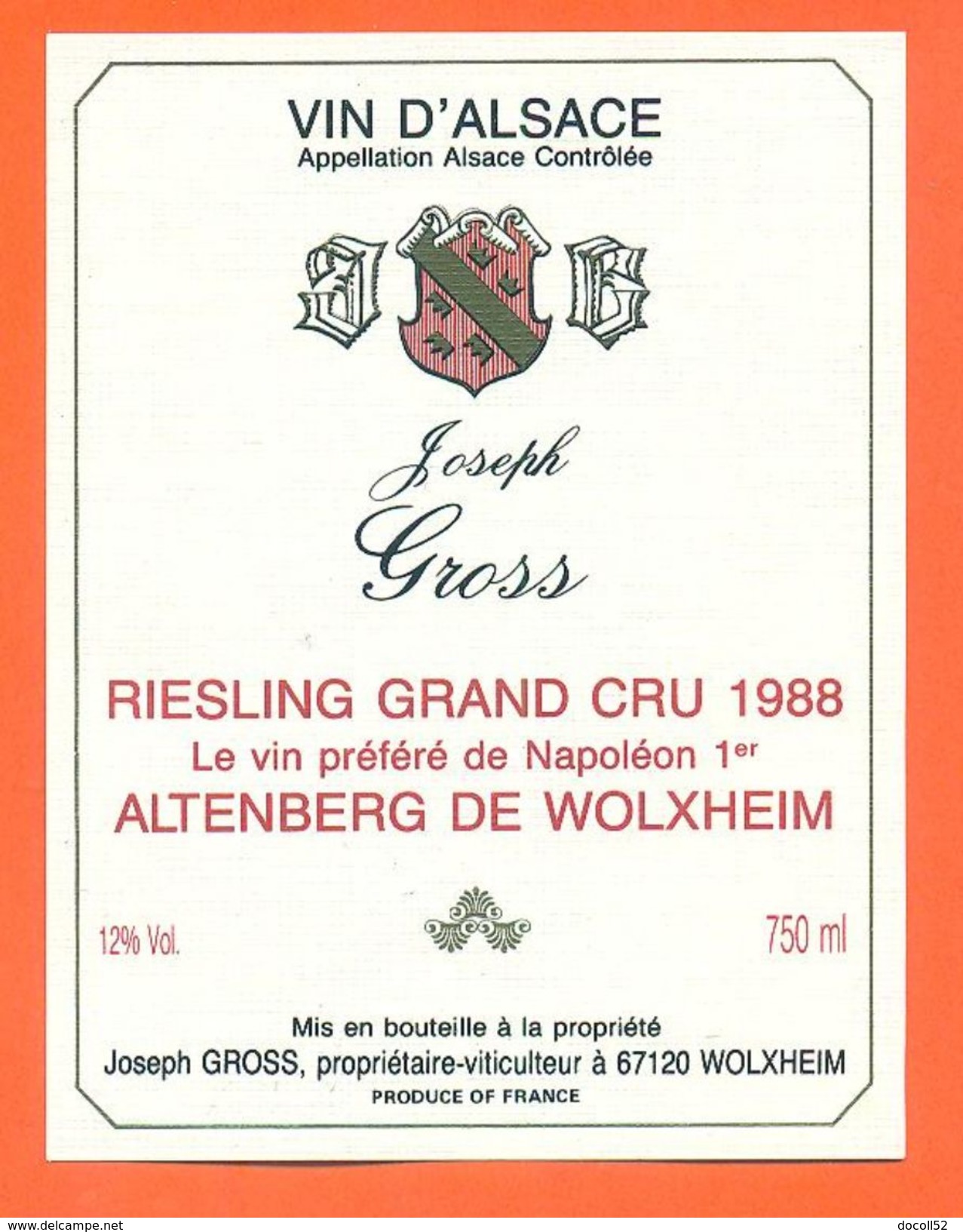 Etiquette Vin D'alsace Riesling Grand Cru1988 Joseph Gross à Wolxheim -75 Cl - Riesling