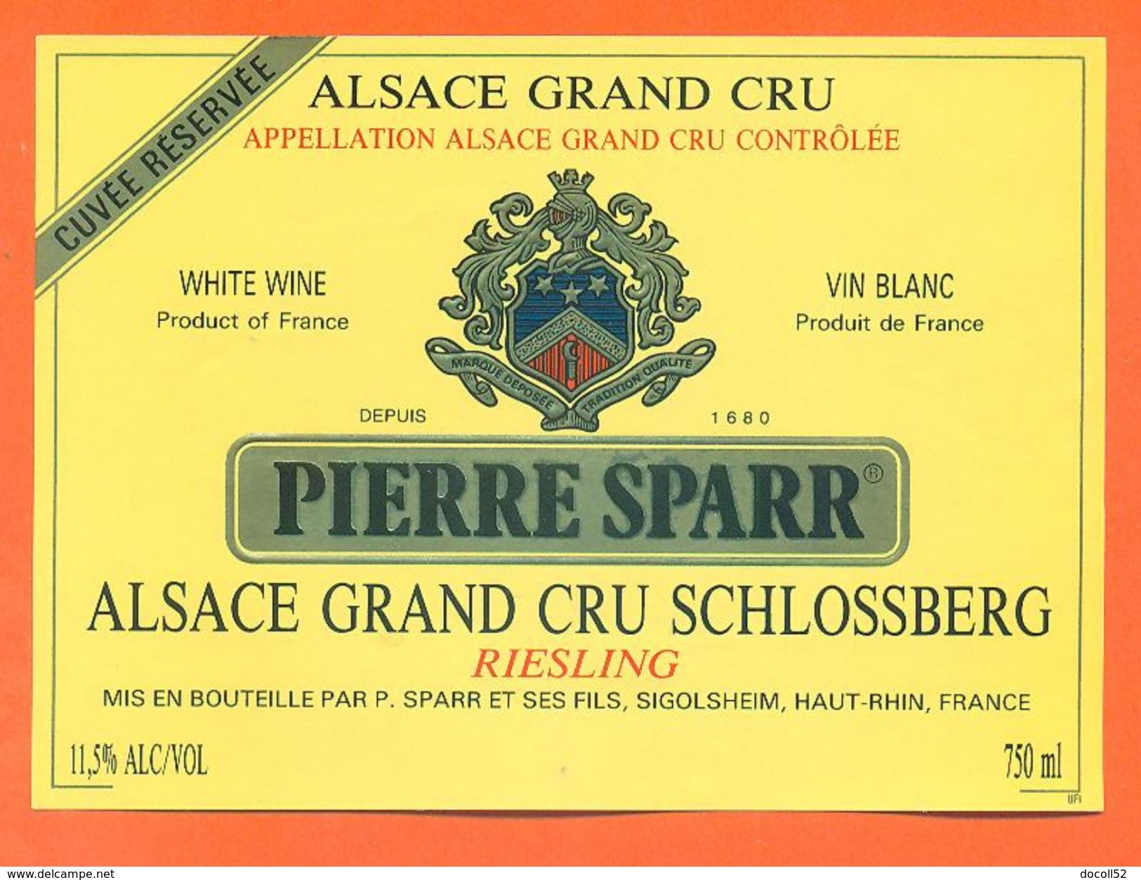 Etiquette Vin D'alsace Riesling Grand Cru Schlossberg Pierre Sparr Et Fils à Sigolsheim -75 Cl - Riesling