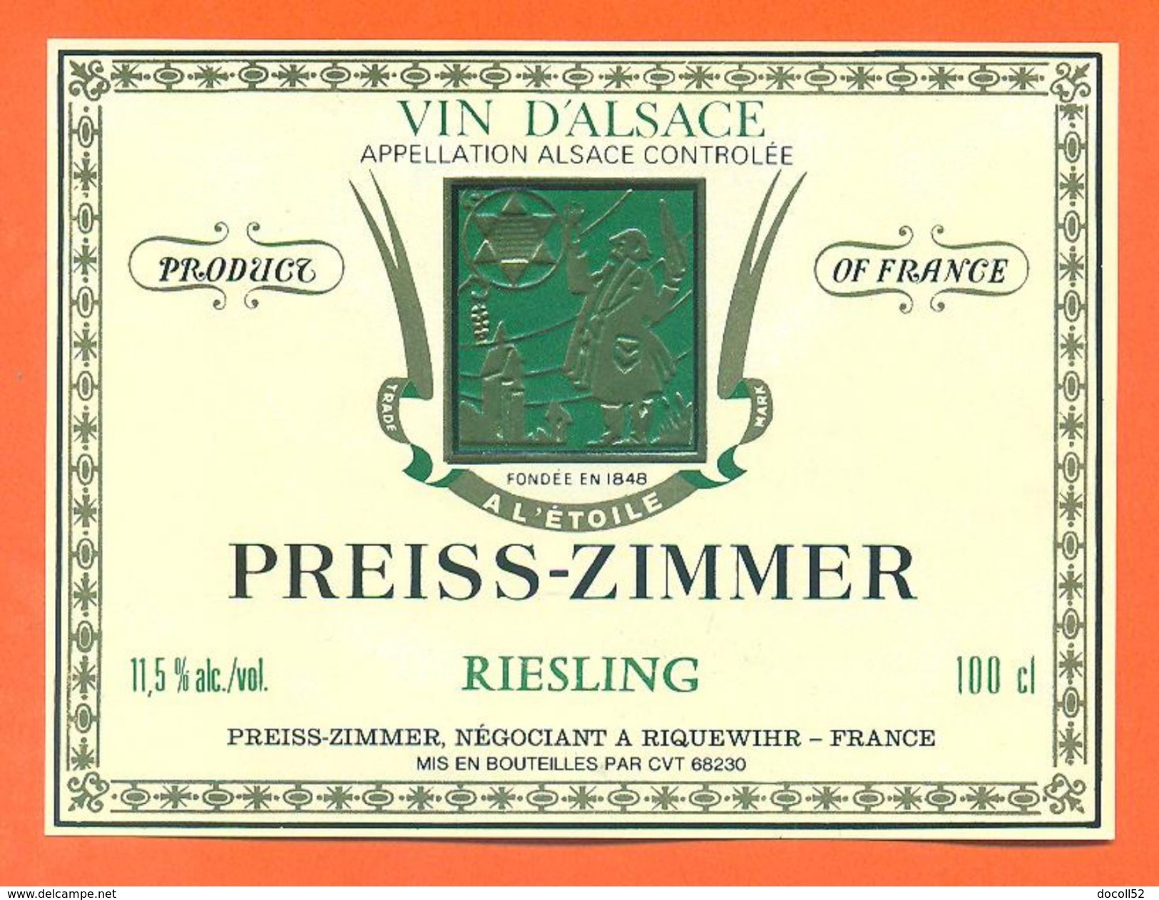Etiquette Vin D'alsace Riesling Preiss Zimmer à Riquewihr -100 Cl - Riesling