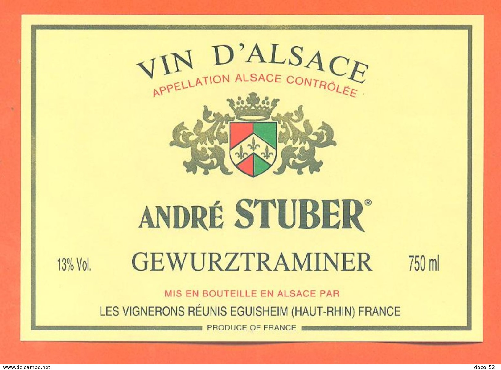 Etiquette Vin D'alsace Gewurztraminer André Stuber à éguisheim -75 Cl - Gewürztraminer