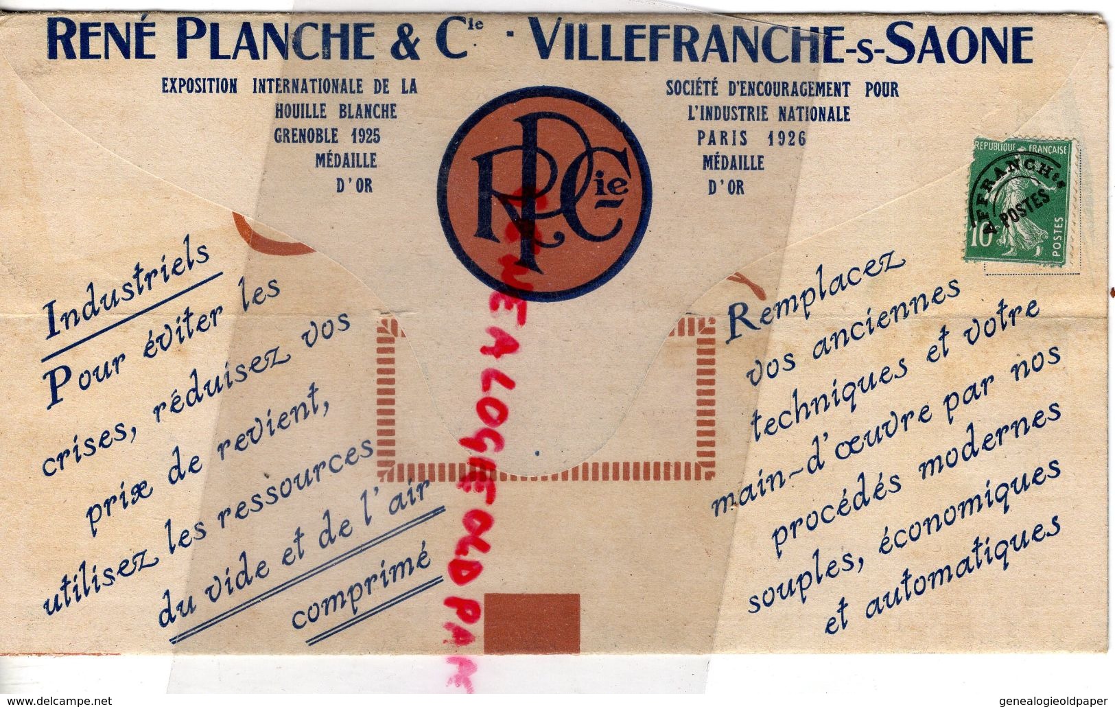 69- VILLEFRANCHE SUR SAONE- RARE LETTRE PUBLICITAIRE R. PLANCHE-COMPRESSEUR-EXPOSITION HOUILLE BLANCHE GRENOBLE 1925- - Petits Métiers