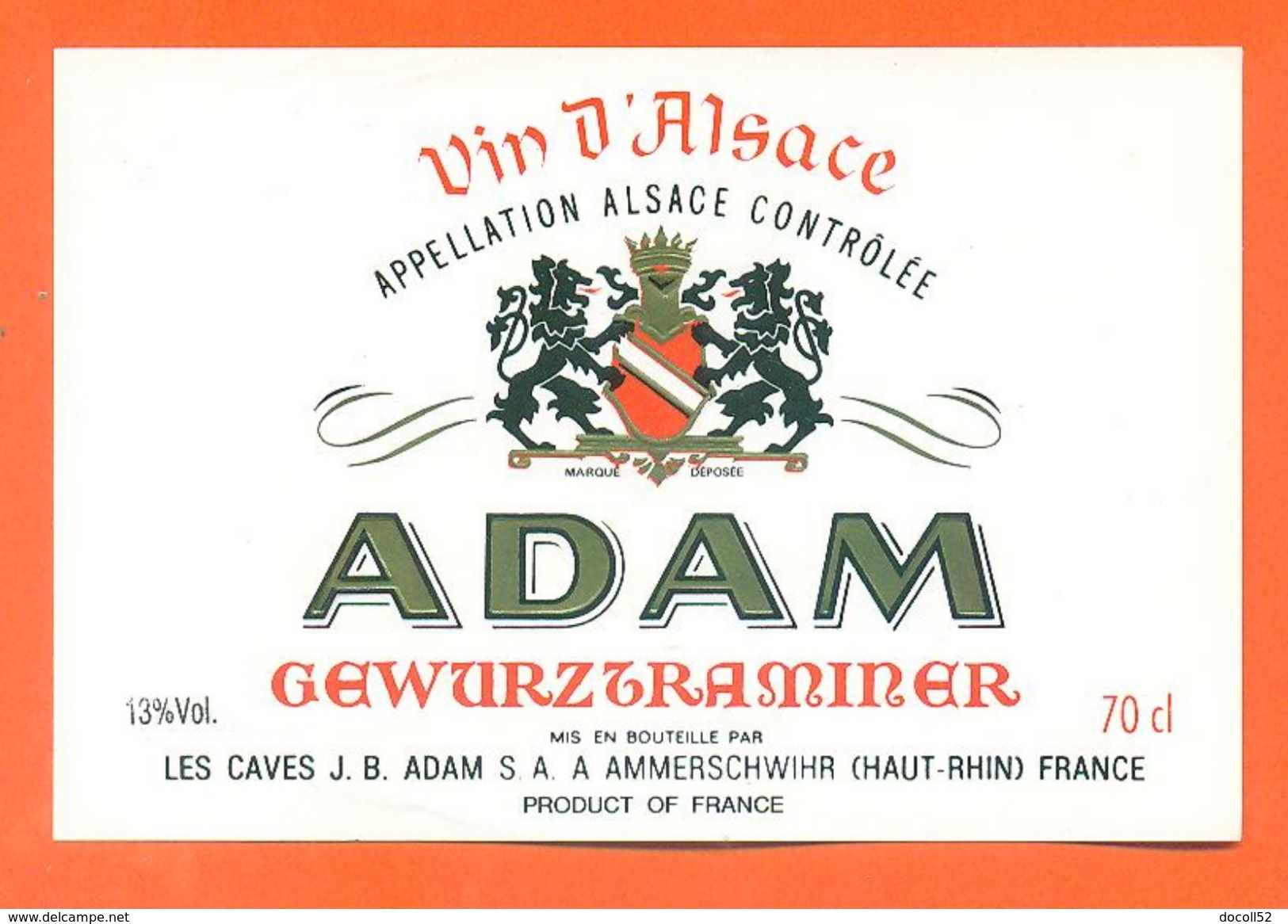 Etiquette Vin D'alsace Gewurztraminer Adam à Ammerschwihr -70 Cl - Gewurztraminer