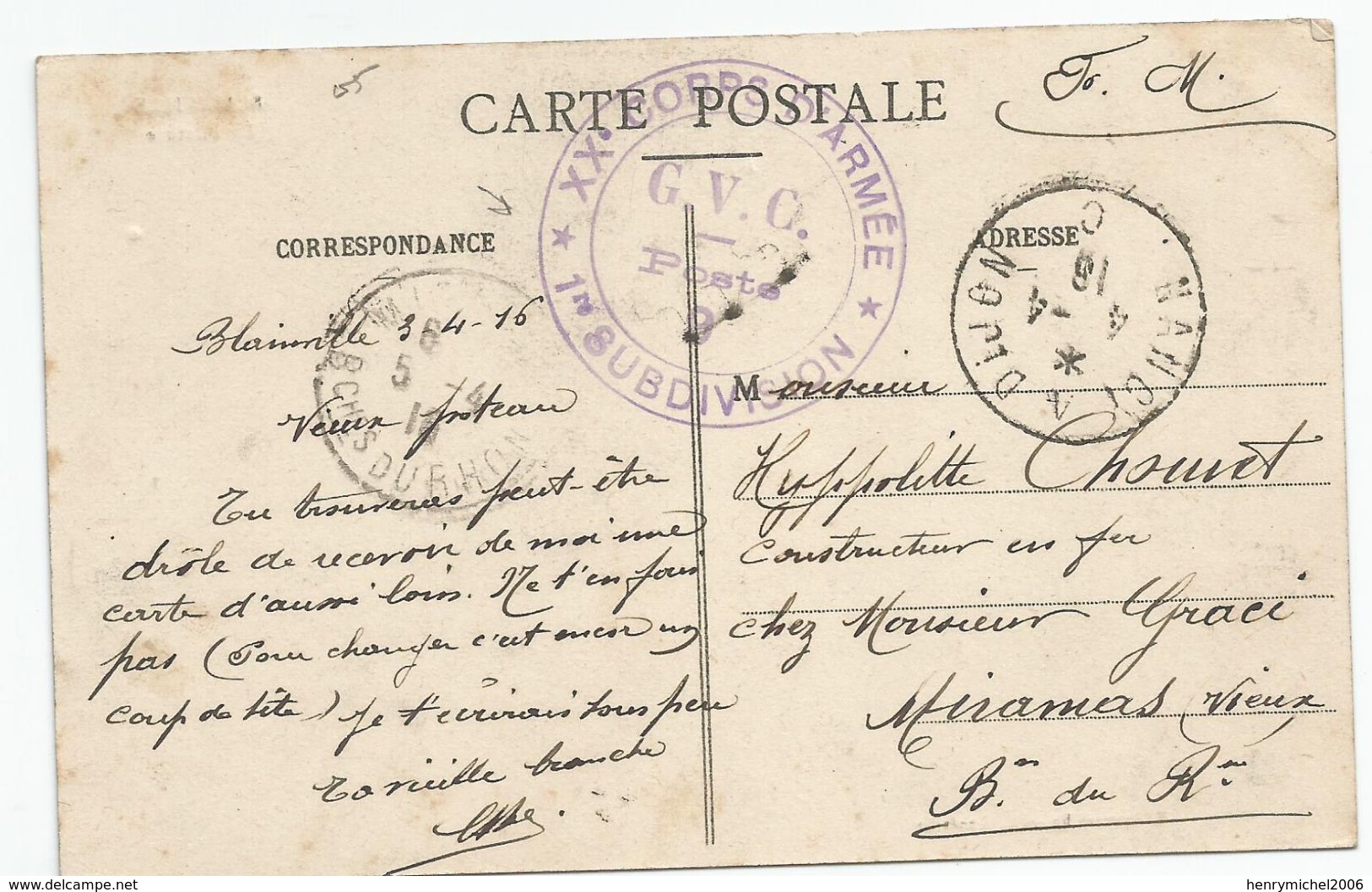 Marcophilie Blainville 54 La Filature Cachet 20e Corps D'armée Gvc Poste 9 1ere Subdivision 1918 Fm Pour Miramas 13 - WW I