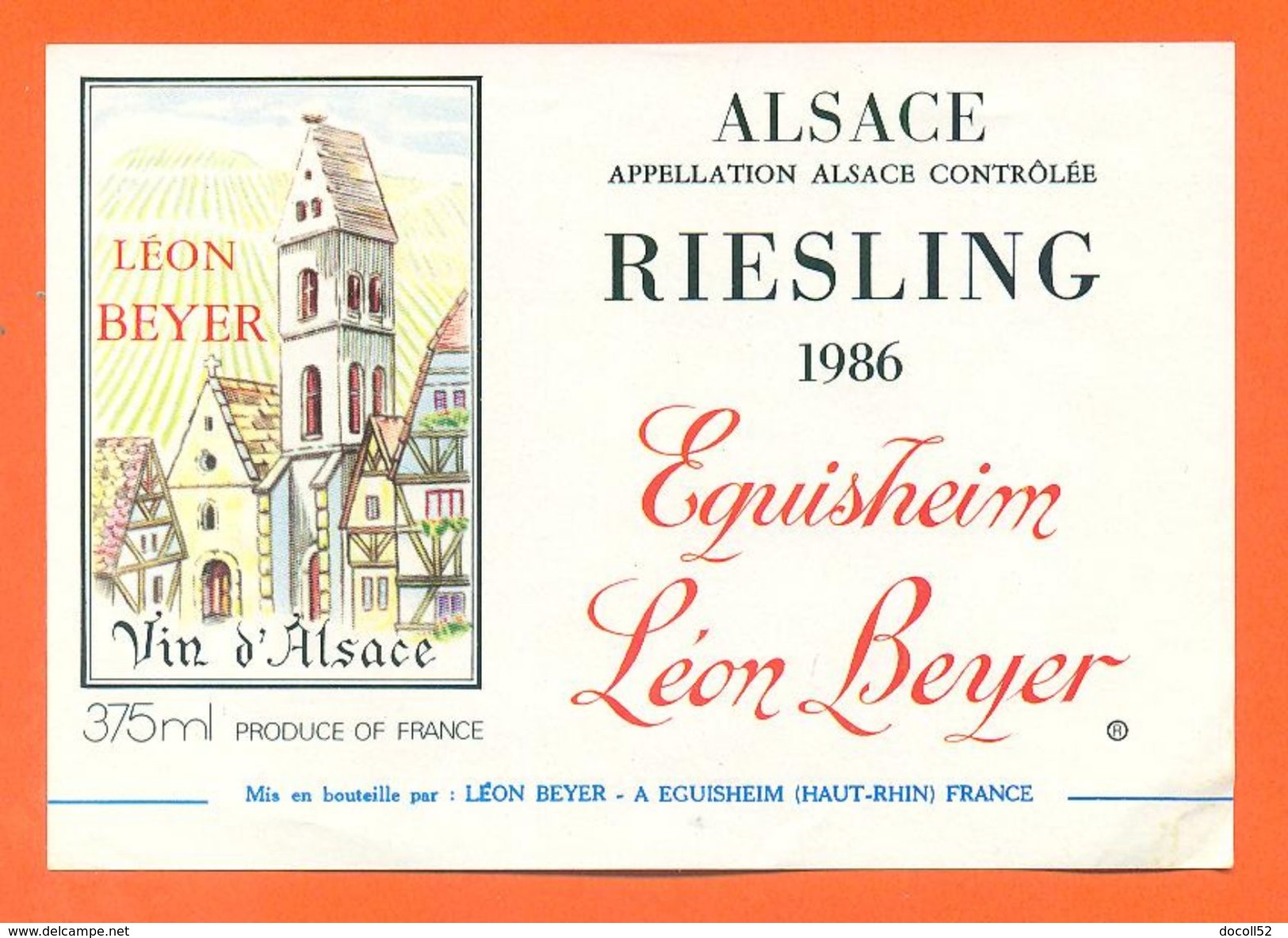 Etiquette Vin D'alsace Riesling 1986 Léon Beyer à Eguisheim -37,5 Cl - Riesling