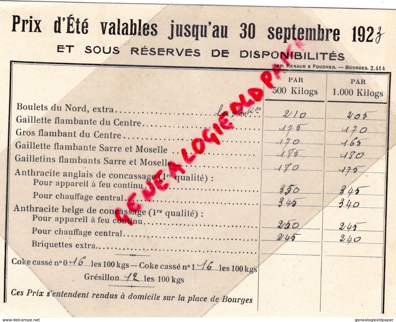 18 - BOURGES -RARE CARTE PRIX ETE 1923- FRANCOIS HUET- CHARBONS -GAILLETTE-BOULETS DU NORD-ANTHRACITE BELGE-COKE - Petits Métiers