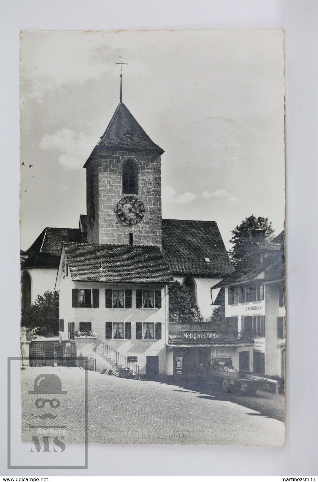 Old Real Photo Postcard Switzerland - Aarberg - Metzoerei J. Weber - Old Truck - Clock Tower - Otros & Sin Clasificación