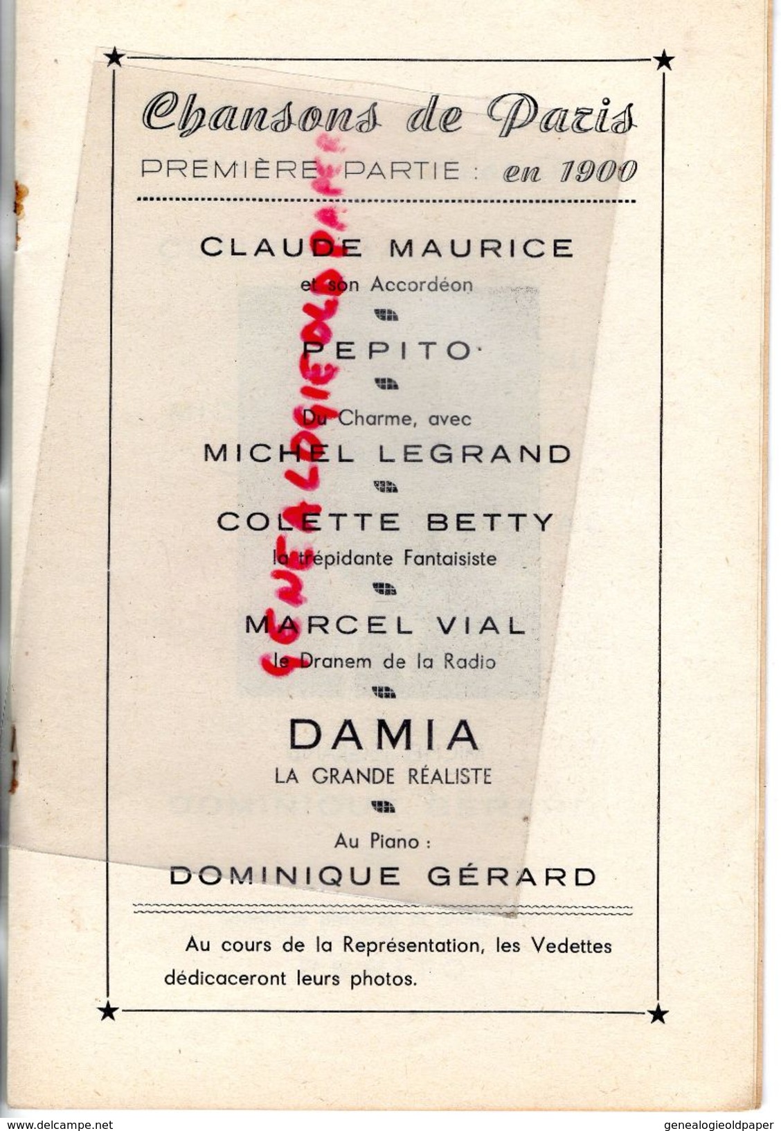 63- BRASSAC LES MINES-ISSOIRE-LEMPDES- RARE PROGRAMME CHANSONS DE PARIS-DAMIA-MARCEL VIAL-MICHEL LEGRAND-COLETTE BETTY-