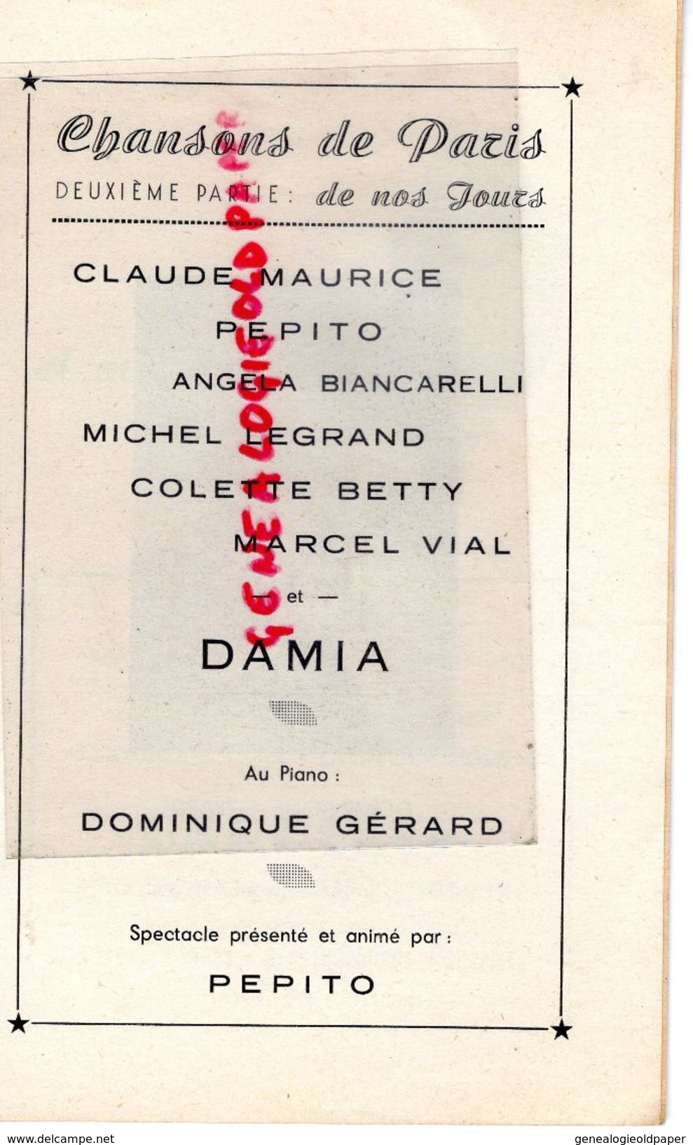 63- BRASSAC LES MINES-ISSOIRE-LEMPDES- RARE PROGRAMME CHANSONS DE PARIS-DAMIA-MARCEL VIAL-MICHEL LEGRAND-COLETTE BETTY-