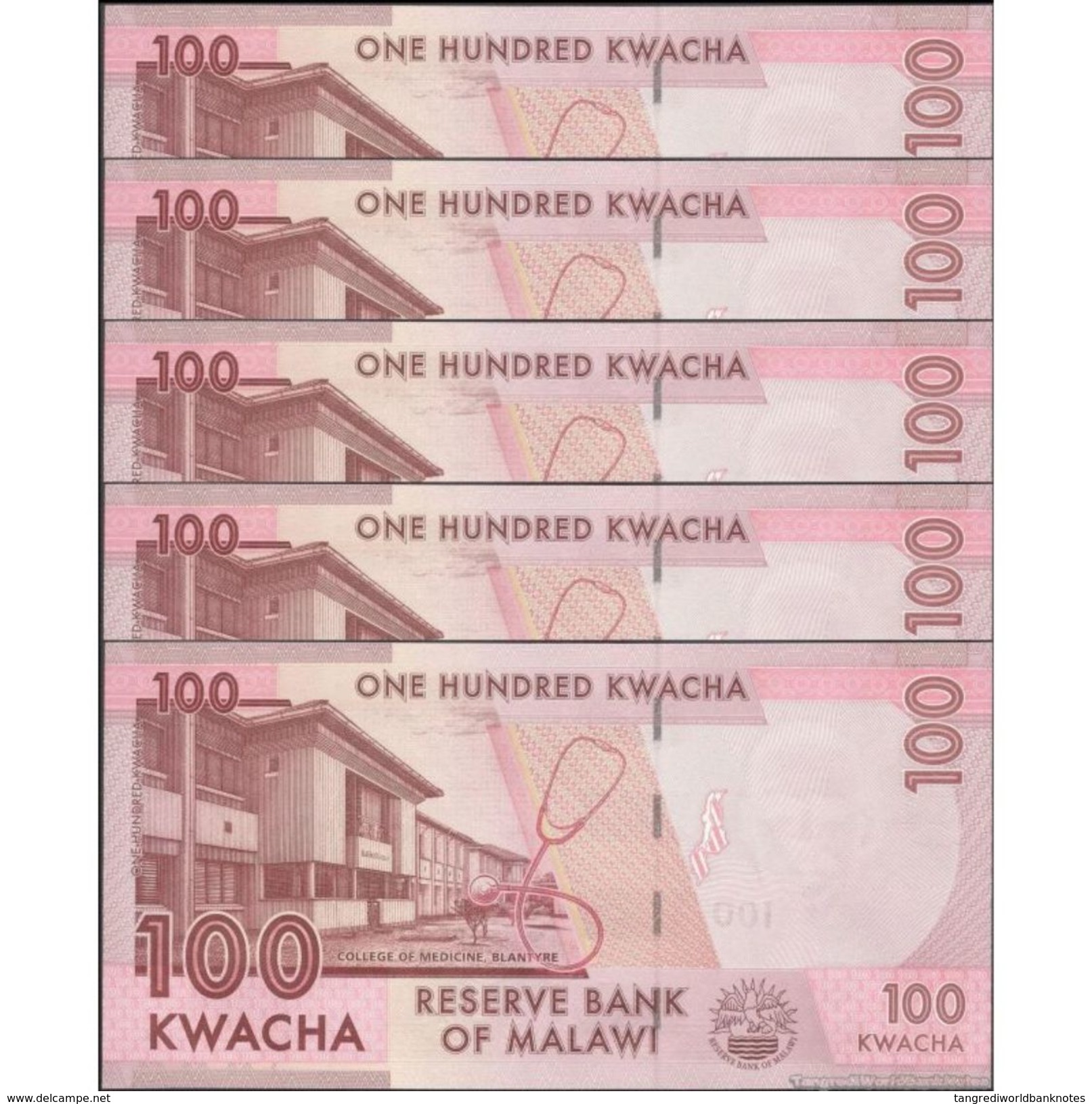 TWN - MALAWI 65b - 100 Kwacha 1.1.2016 DEALERS LOT X 5 - Prefix AX UNC - Malawi