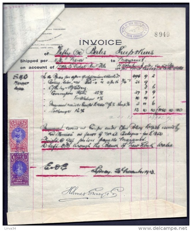 FACTURE ANCIENNE- AUSTRALIE POUR FRANCE- VENTE PEAUX DE MOUTONS-  TIMBRES TAXES + ASSURANCE- 1913- 3 SCANS - Australie