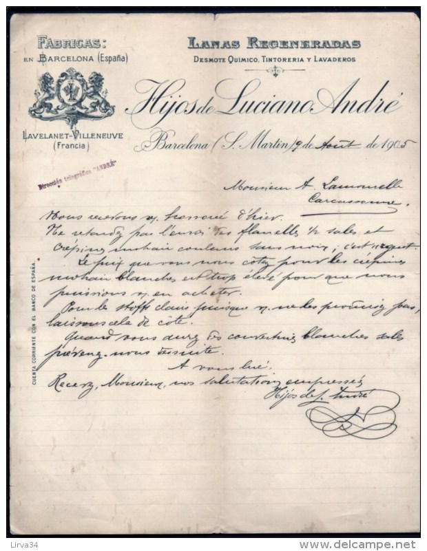 2 FACTURE OU LETTRES AVEC ILLUSTRATION- ESPAGNE- BARCELONA- SABADELL POUR FRANCE- MAISONS : RIBERA ET HIJOS- 1905- 1907 - Espagne