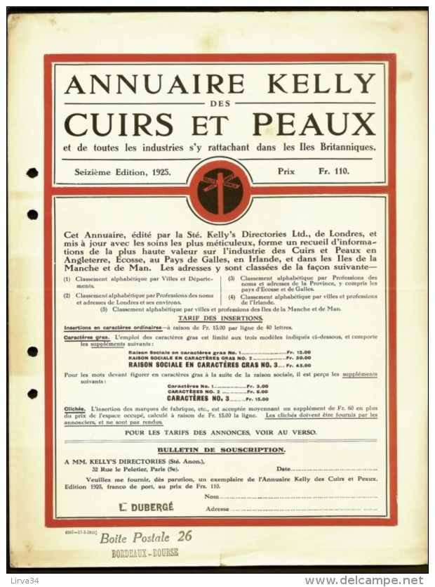 ANNUAIRE KELLY DES CUIRS ET PEAUX- PRIX DES ANNONCES- DOCUMENT RECTO-VERSO POUR ILES BRITANIQUES- 1925- 2 SCANS - United Kingdom