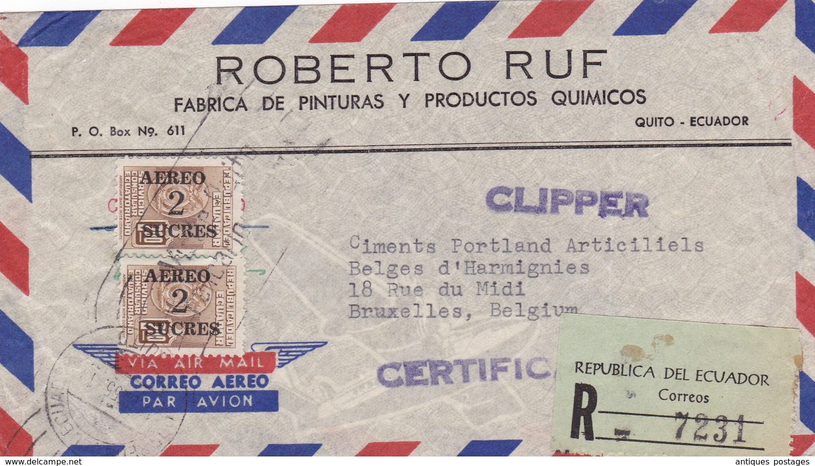 Lettre Equateur Quito Ecuador Clipper Aero Sucres Recommandé Clipper Roberto Ruf Pinturas Productos Quimicos 1955 - Equateur