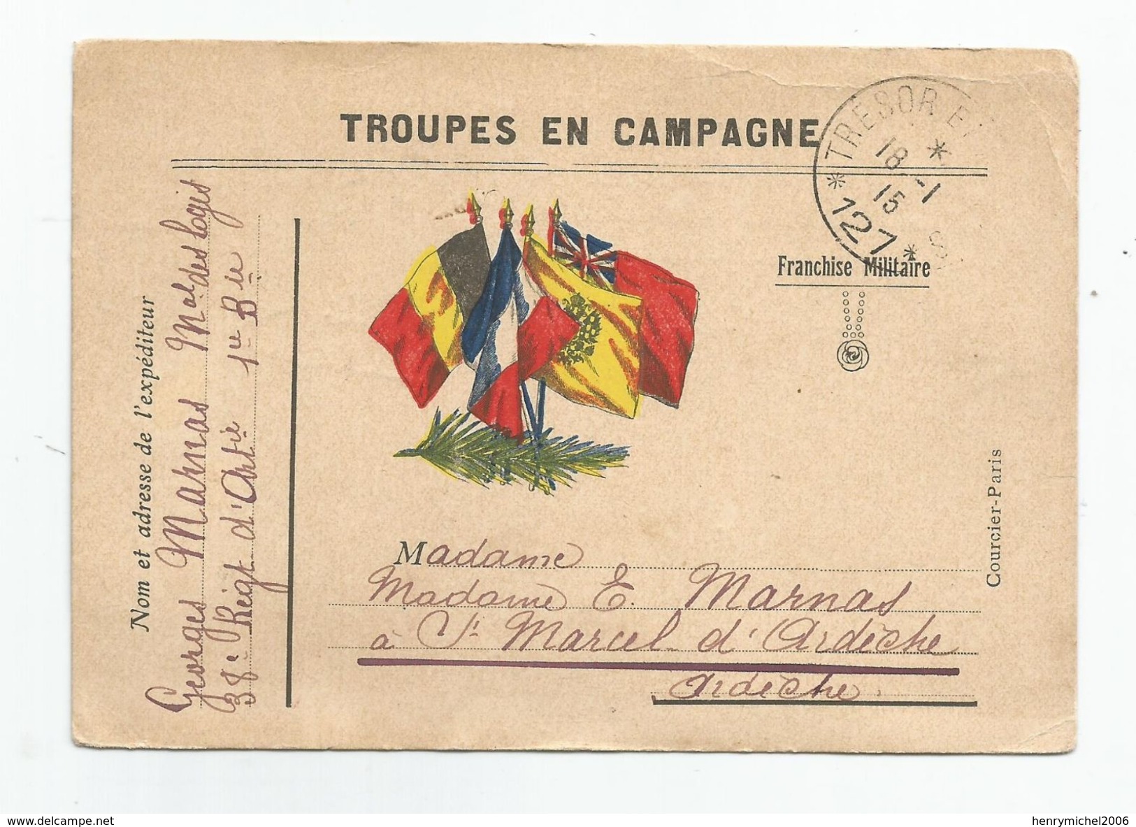 Marcophilie  Troupes En Campagne Franchise Militaire 38 Régt D'artillerie 1er Bataillon Pr St Marcel D'ardèche 07- 1915 - Briefe U. Dokumente