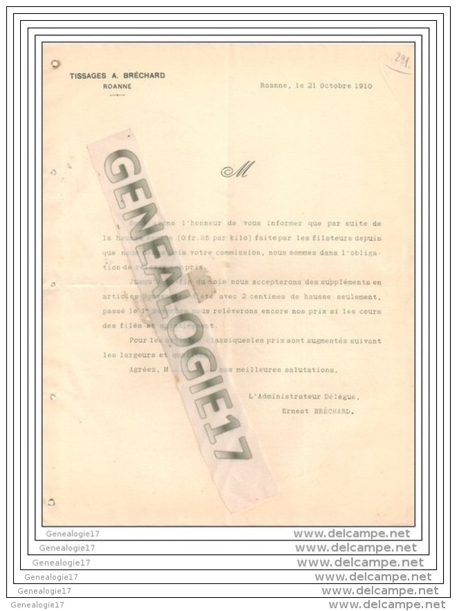 42 137 ROANNE LOIRE Lettre Tissage A. BRECHARD 1910 Administarteur Mr ERNEST BRECHARD Dest HUTREL BIDAULT - Textile & Vestimentaire