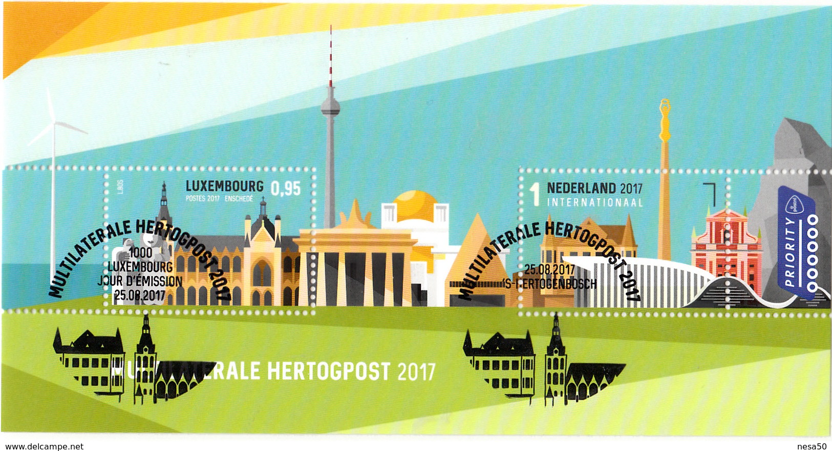 Nederland 2017 Multilaterale Hertogpost  Luxemburg 0,95: Windmill, Brandenburger Tor, Wiener Secession, Speciale Stempel - Usados