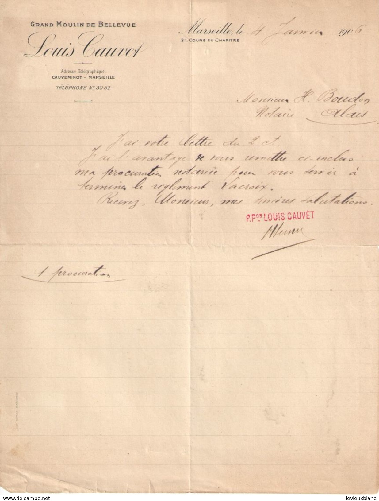 Lettre Commerciale Ancienne/ Grand Moulin De Bellevue/Louis CAUVET/ Cours Du Chapitre/MARSEILLE/1906             FACT320 - Autres & Non Classés