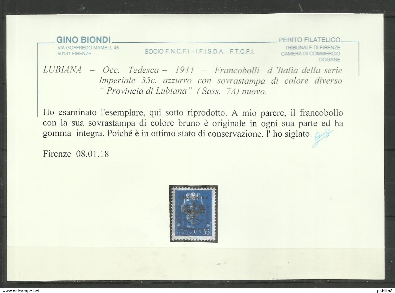 OCCUPAZIONE ITALIANA GERMAN LUBIANA TEDESCA 1944 OVERPRINT DIFFERENT COLOR SOPRASTAMPA DI COLORE DIVERSO CENT. 35c MNH - German Occ.: Lubiana