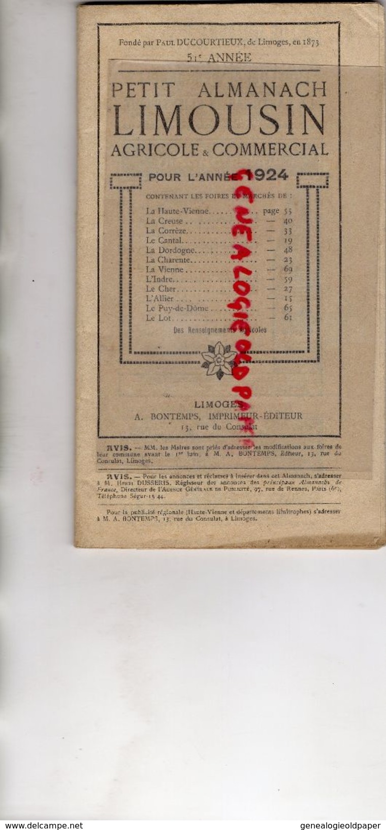 87-19-23- PETIT ALMANACH LIMOUSIN AGRICOLE ET COMMERCIAL-1924-IMPRIMERIE BONTEMPS- LIMOGES- GRAINES NIVET- TOPINAMBOUR- - Limousin