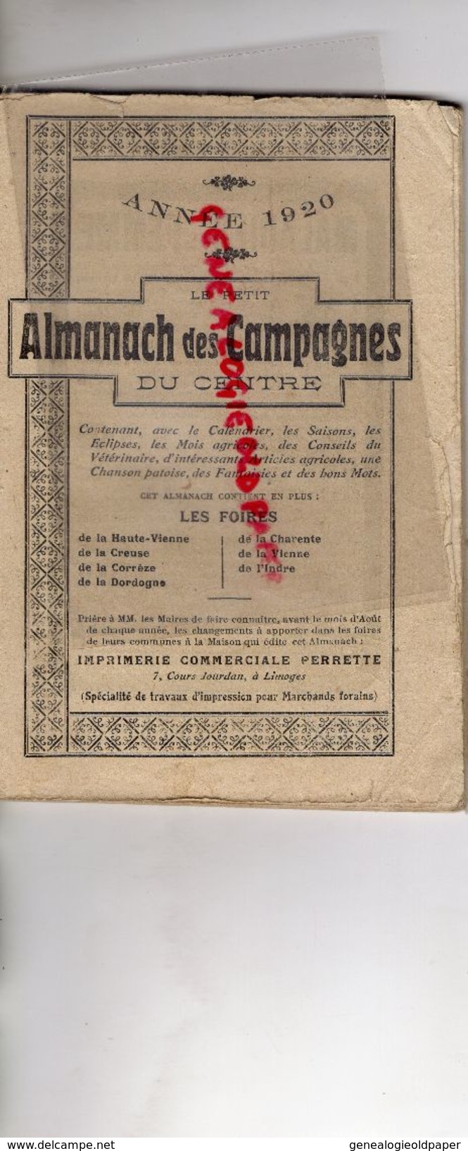 87-19-23-24-16-86-36-RARE PETIT ALMANACH CAMPAGNES DU CENTRE-IMPRIMERIE PERRETTE LIMOGES-FOIRES 1920-TUBERCULOSE-LEGROS - Limousin