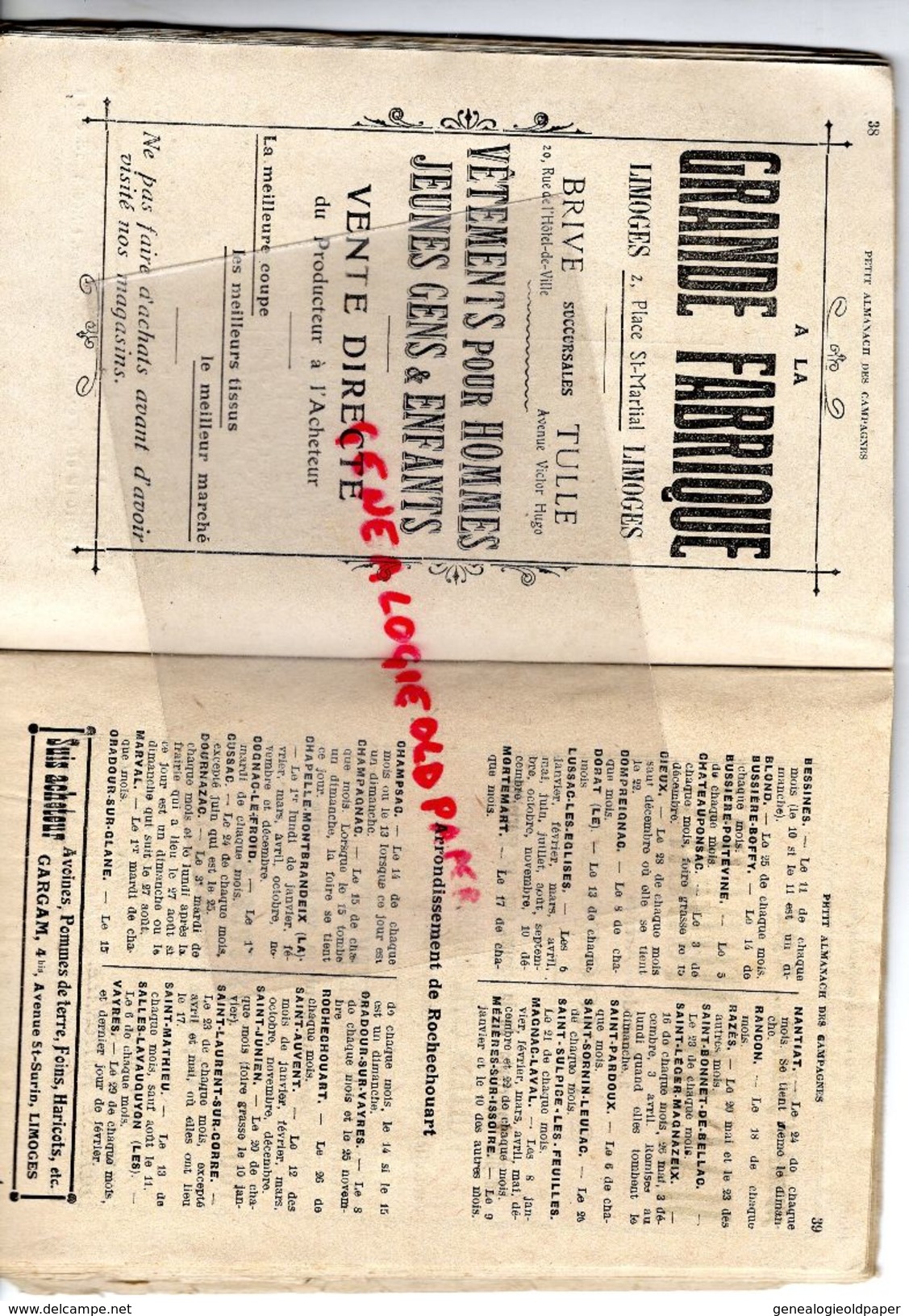 87-19-23-24-16-86-36-RARE PETIT ALMANACH CAMPAGNES DU CENTRE-IMPRIMERIE PERRETTE LIMOGES-FOIRES 1920-TUBERCULOSE-LEGROS