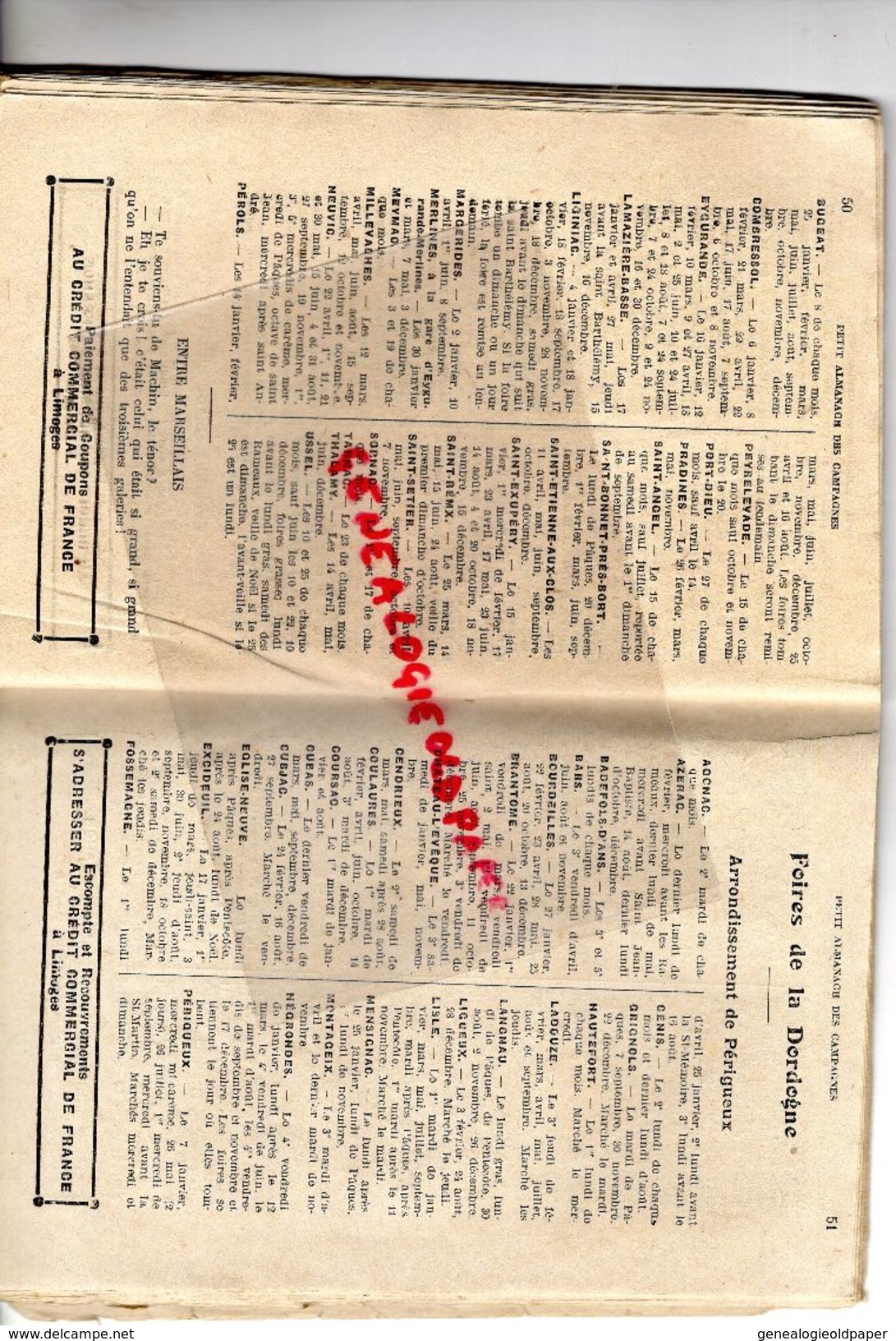 87-19-23-24-16-86-36-RARE PETIT ALMANACH CAMPAGNES DU CENTRE-IMPRIMERIE PERRETTE LIMOGES-FOIRES 1920-TUBERCULOSE-LEGROS