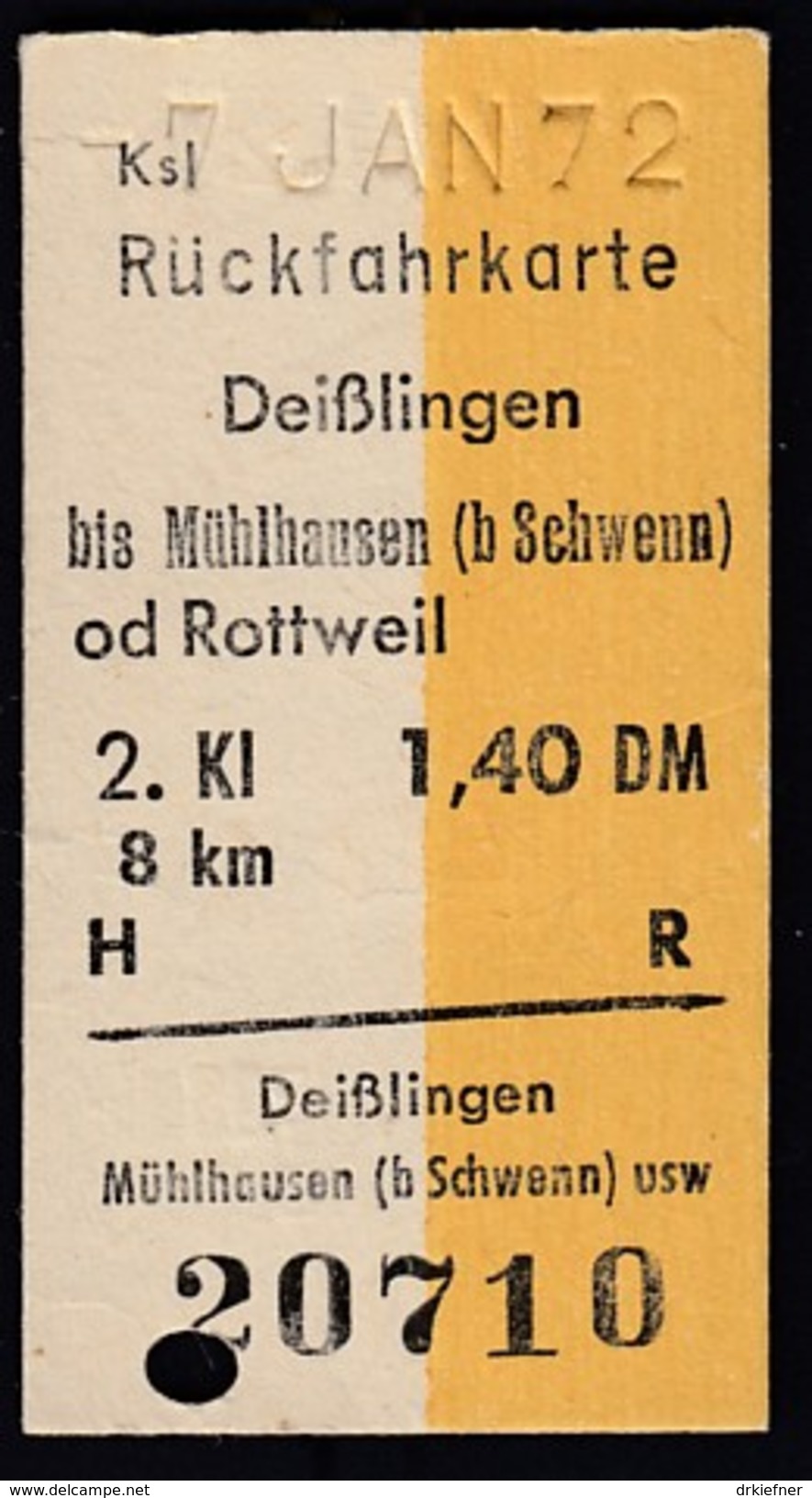 Deißlingen - Mühlhausen Od Rottweil Am 9.AUG. 1971 - 1,40 DM,  Rück-Fahrkarte - Europe