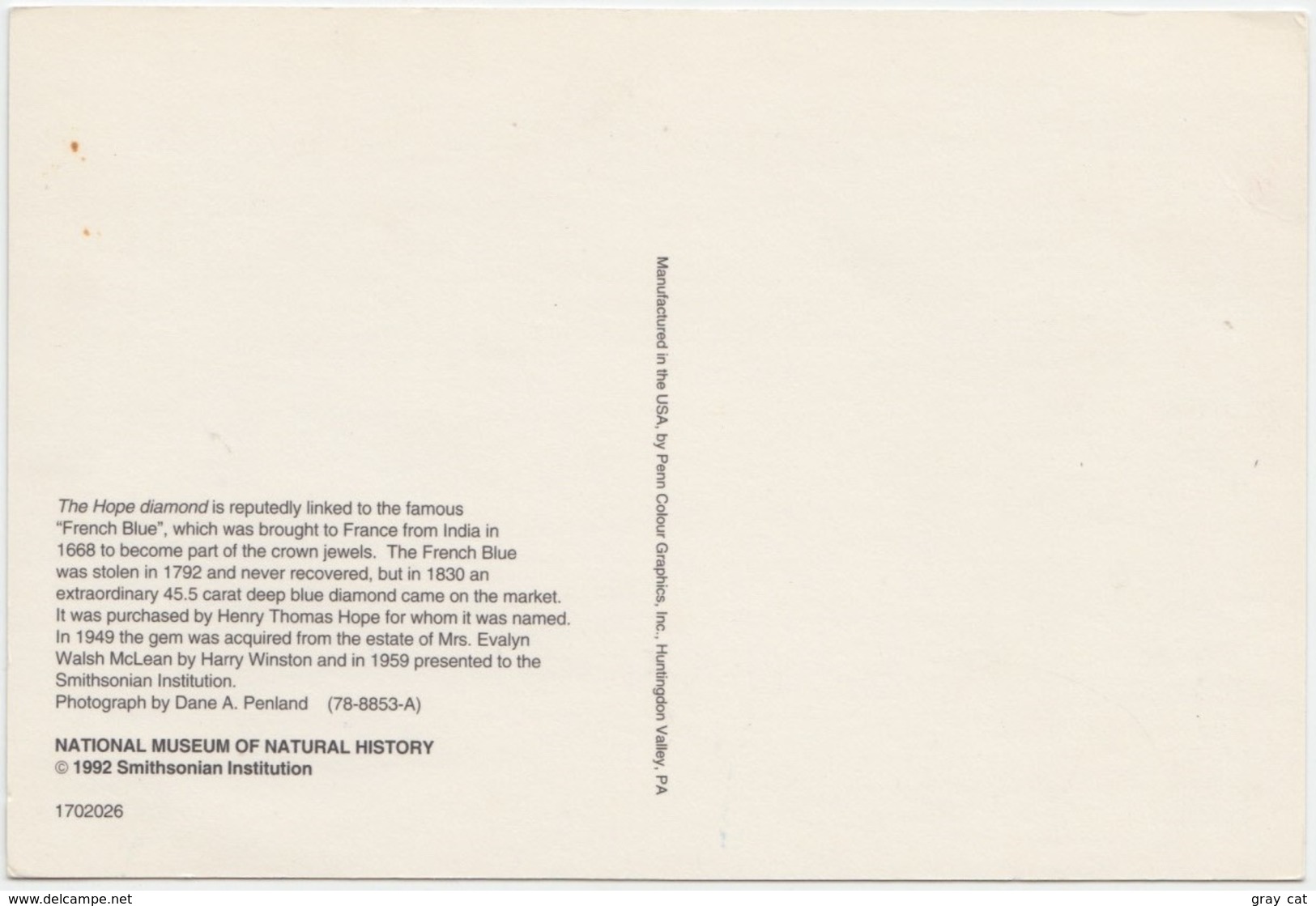 The Hope Diamond, National Museum Of Natural History, Unused Postcard [20735] - Other & Unclassified