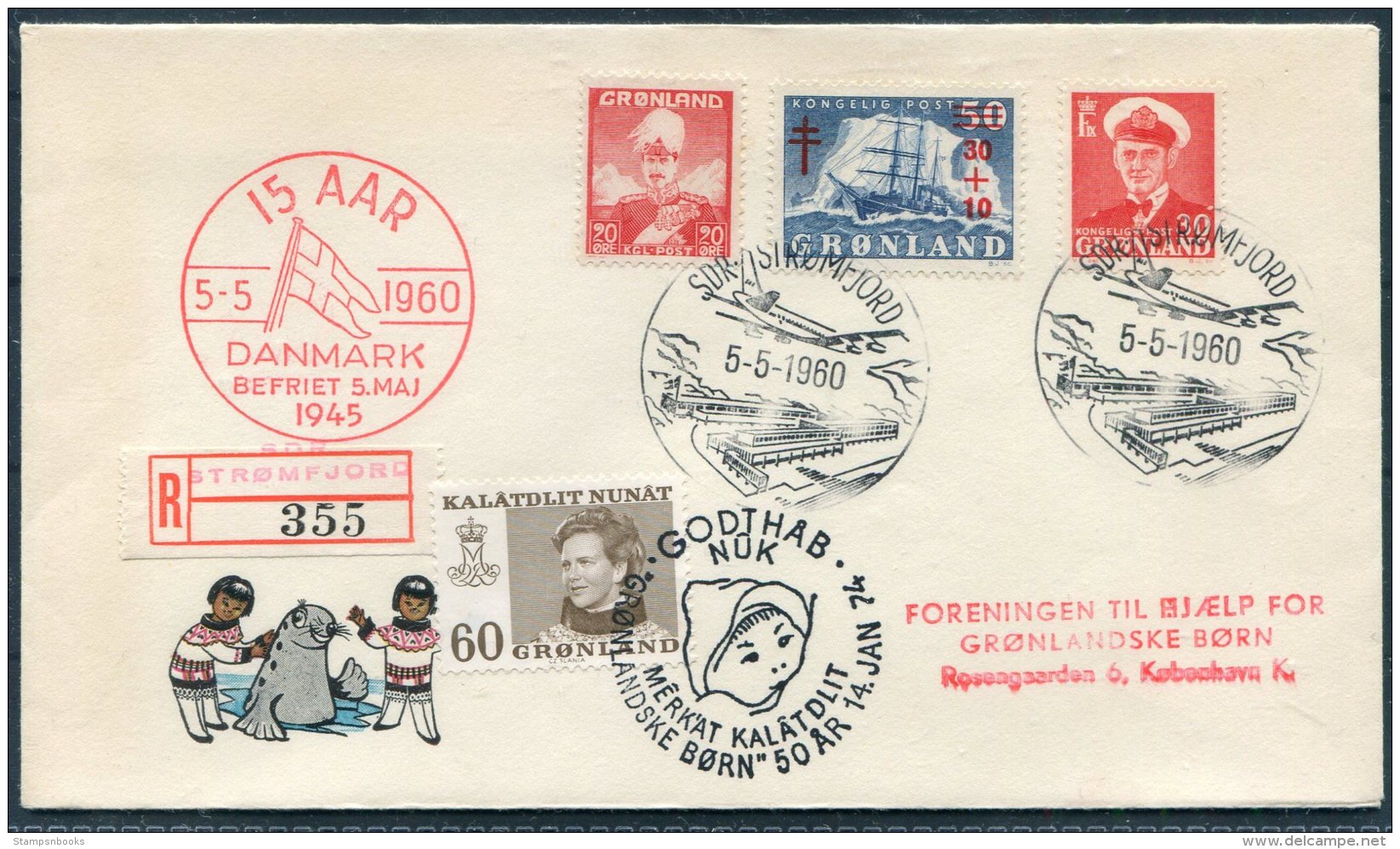 1960 Greenland SDR Stromfjord Regsitered Danmark Befriet Godthab 1974 Children Charity Cover - Covers & Documents