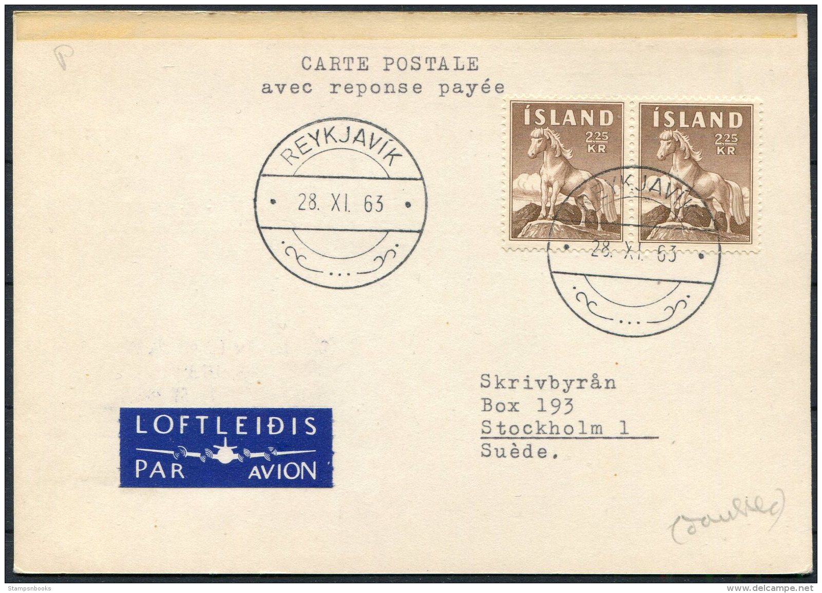 1963 Iceland Reykjavik Airmail Postcard - Stockholm - Covers & Documents