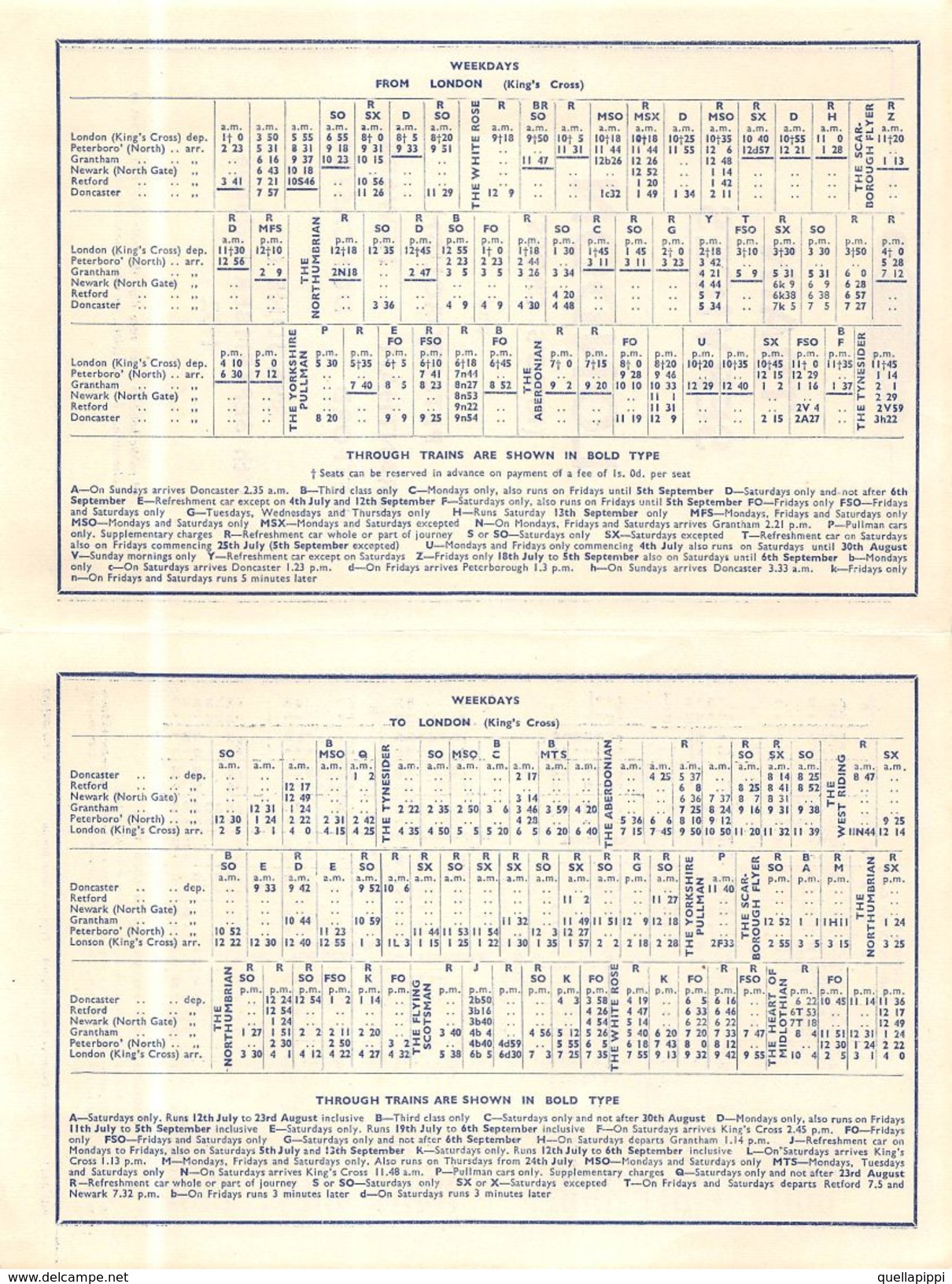 07135 "BRITISH RAILWAYS-TRAIN SERVICES-LONDON AND GRANTHAM-NEWARK-RETFORD-DONCASTER 1952" ORARI ORIG. - Europe