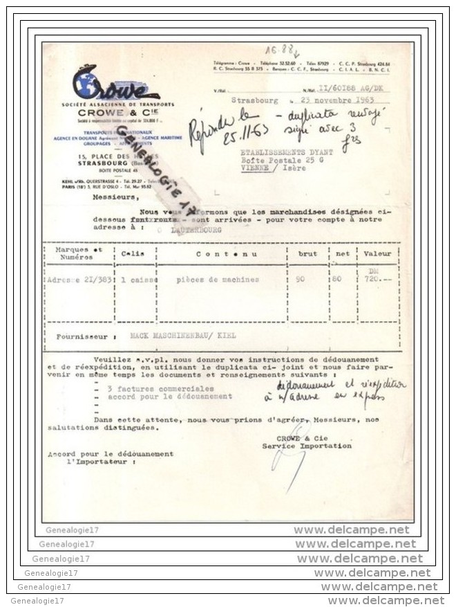 67 - 155 STRASBOURG BAS RHIN 1963 StÂŽ Alsacienne De Transports CROWE 15 Place Des Halles - F.r MACK MASCHINENBAU / KIEL - Trasporti