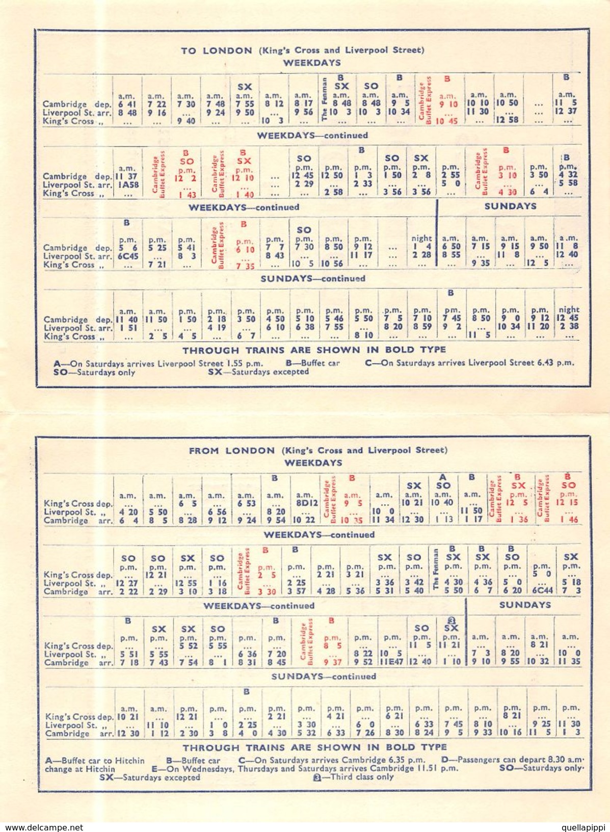 07136 "BRITISH RAILWAYS-TRAIN SERVICES-CAMBRIDGE AND LONDON 1952" ORARI ORIG. - Europe