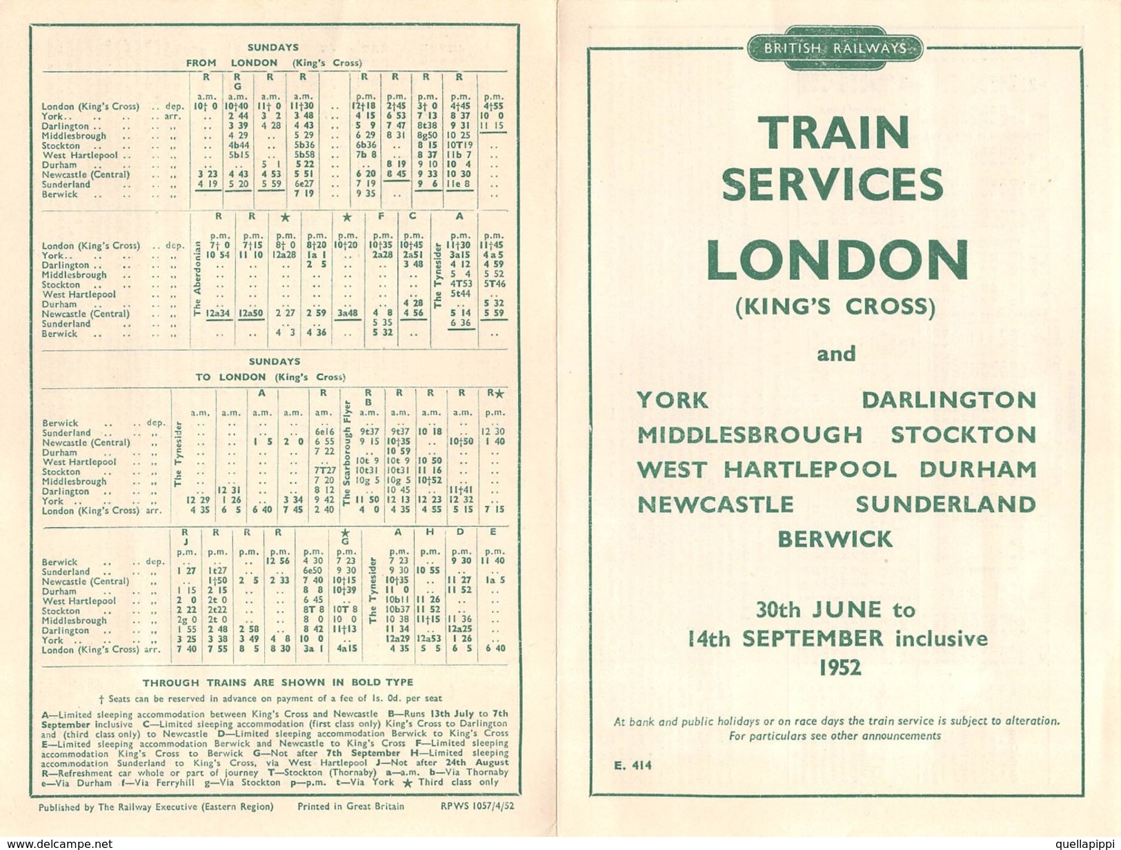 07137 "BRITISH RAILWAYS-TRAIN SERVICES-LONDON AND YORK-DARLINGTON-MIDDLESBROUGH.... 1952" ORARI ORIG. - Europe