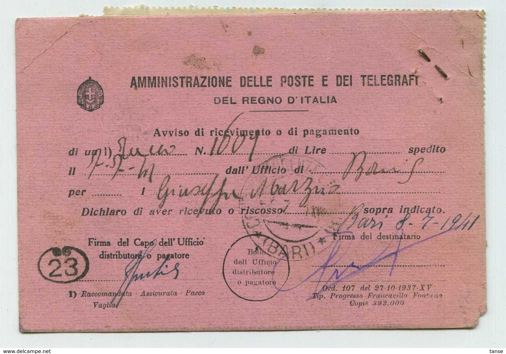 1941 - Ricevuta Di Ritorno Con "Fratellanza D'armi" 50 Cent. - Storia Postale