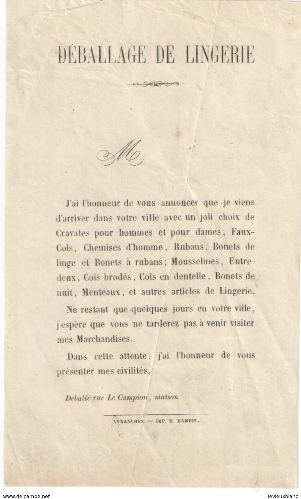 Papillon Publicitaire/ Déballage De Rue / Lingerie / AVRANCHES/ Rue Le Campion/Manche/vers 1870                 FACT322 - Textile & Vestimentaire