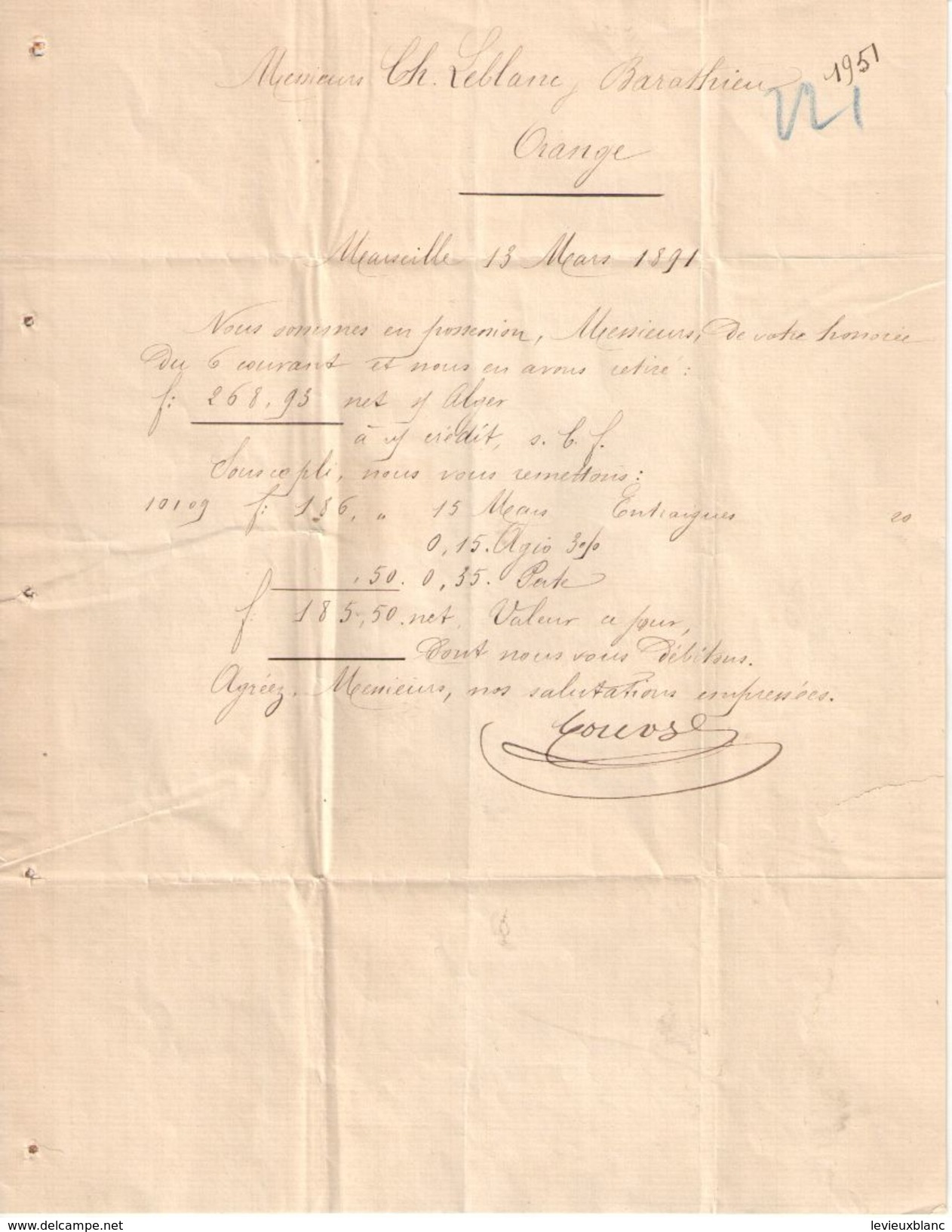 Lettre-Pli Affranchie / Suivi De Commission/Leblanc & Barathieu/Orange Vaucluse/COUVE & Cie/MARSEILLE/1891       TIMB112 - Autres & Non Classés