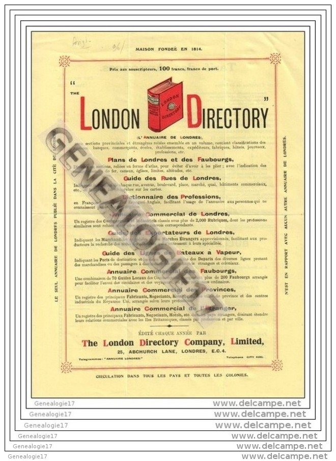 96 114 ANGLETERRE LONDRES Ets LONDON DIRECTORY COMPANY 25 Abchurch Lane EC 4 - United Kingdom