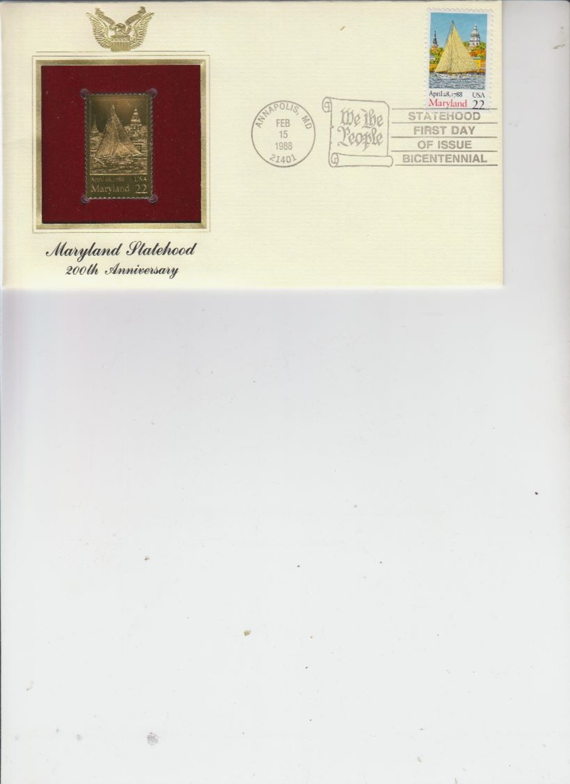 Readers Digest 22 Kt Gold Replica Fdc & Stamp And Postmark 1988 Maryland  Statehood 200 Th Anniversary - Other & Unclassified
