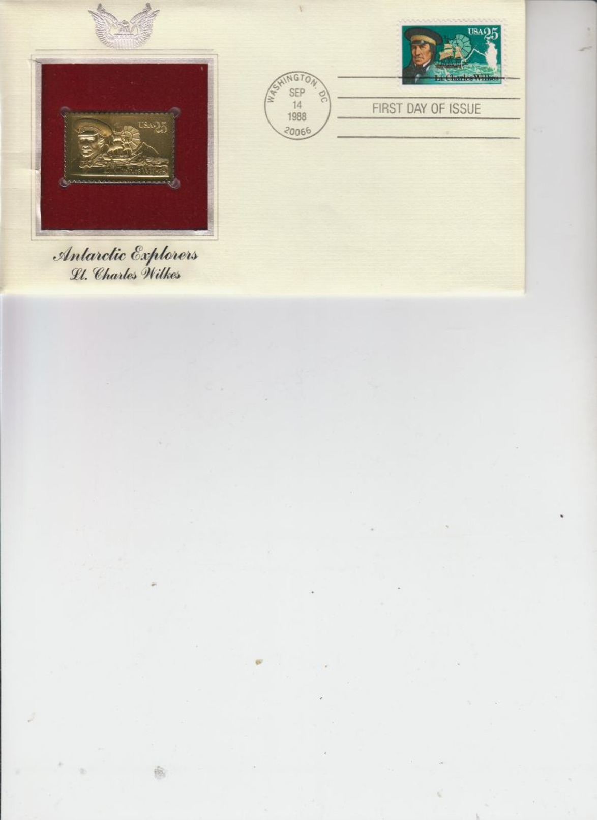 Readers Digest 22 Kt Gold Replica Fdc & Stamp And Postmark 1988 Antarctic Explorers Lt. Charles Wilkes - Other & Unclassified