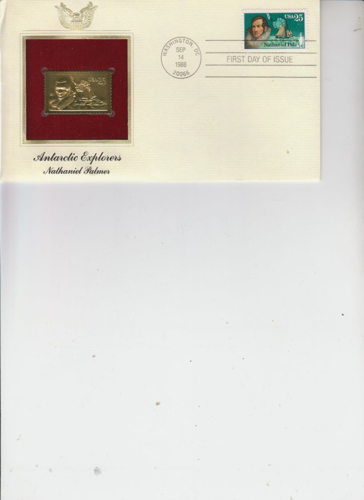 Readers Digest 22 Kt Gold Replica Fdc & Stamp And Postmark 1988 Antarctic Explorers Nathaniel Palmer - Other & Unclassified