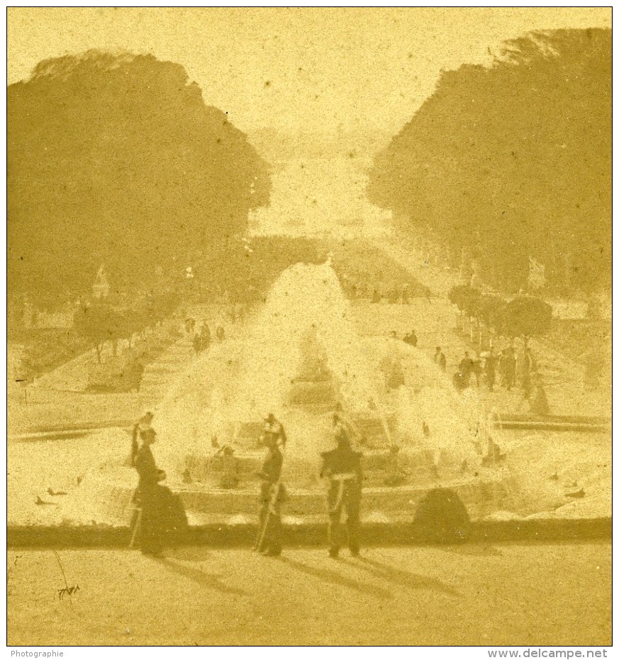 France Chateau De Versailles Fontaine 3 Militaires Ancienne Photo Stereo 1870 - Stereoscopic