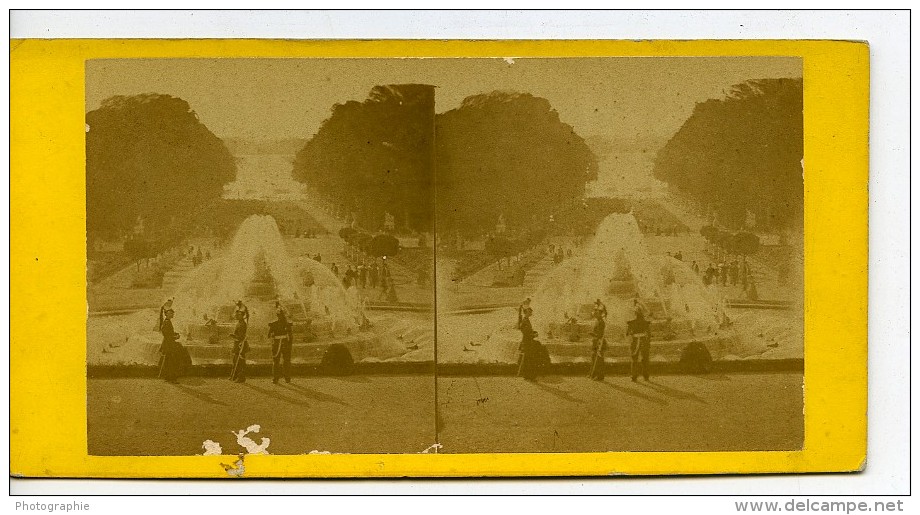 France Chateau De Versailles Fontaine 3 Militaires Ancienne Photo Stereo 1870 - Stereoscopic