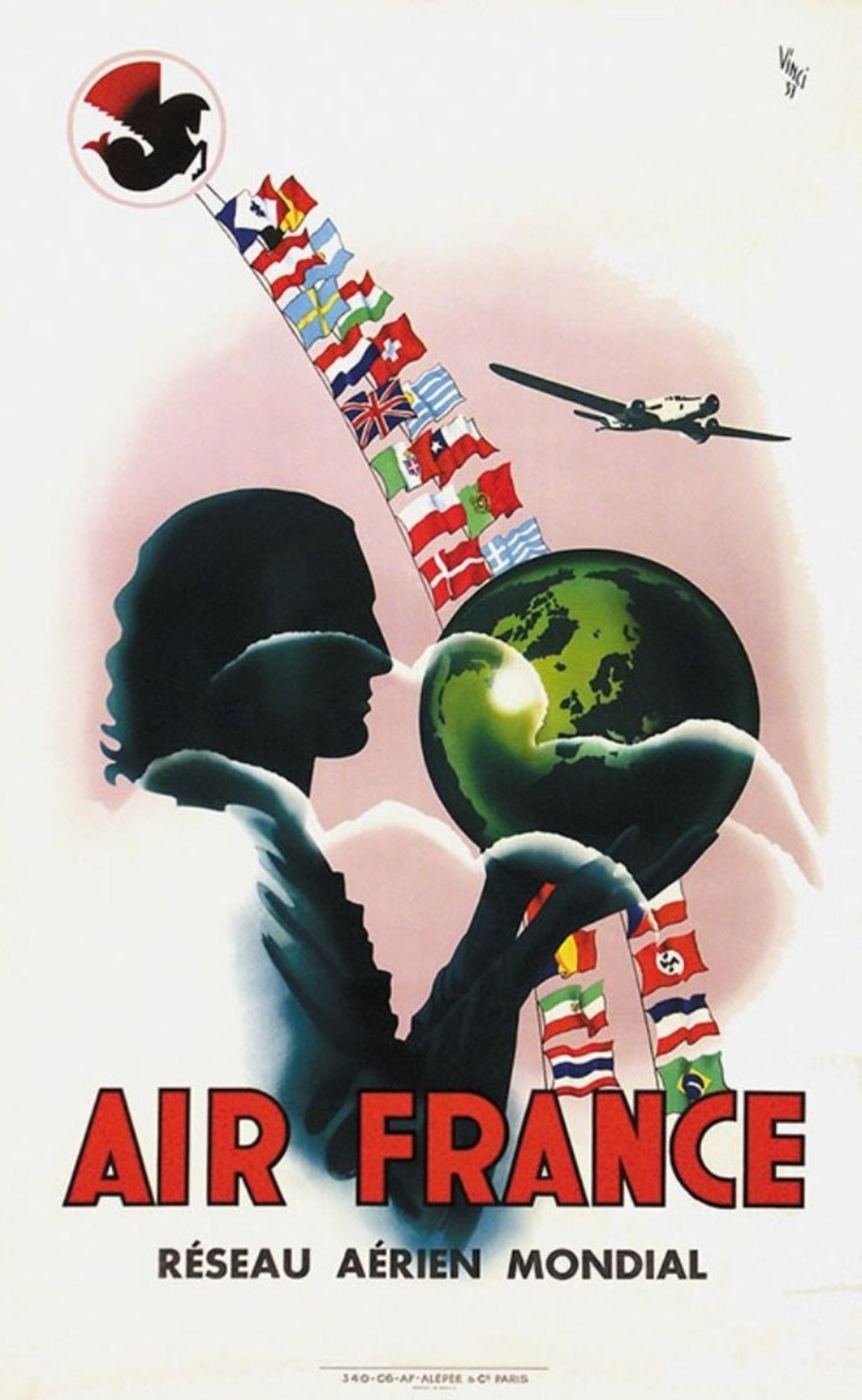 Air France Réseau Aérien Mondial 1937 - Postcard Reproduction - Publicité