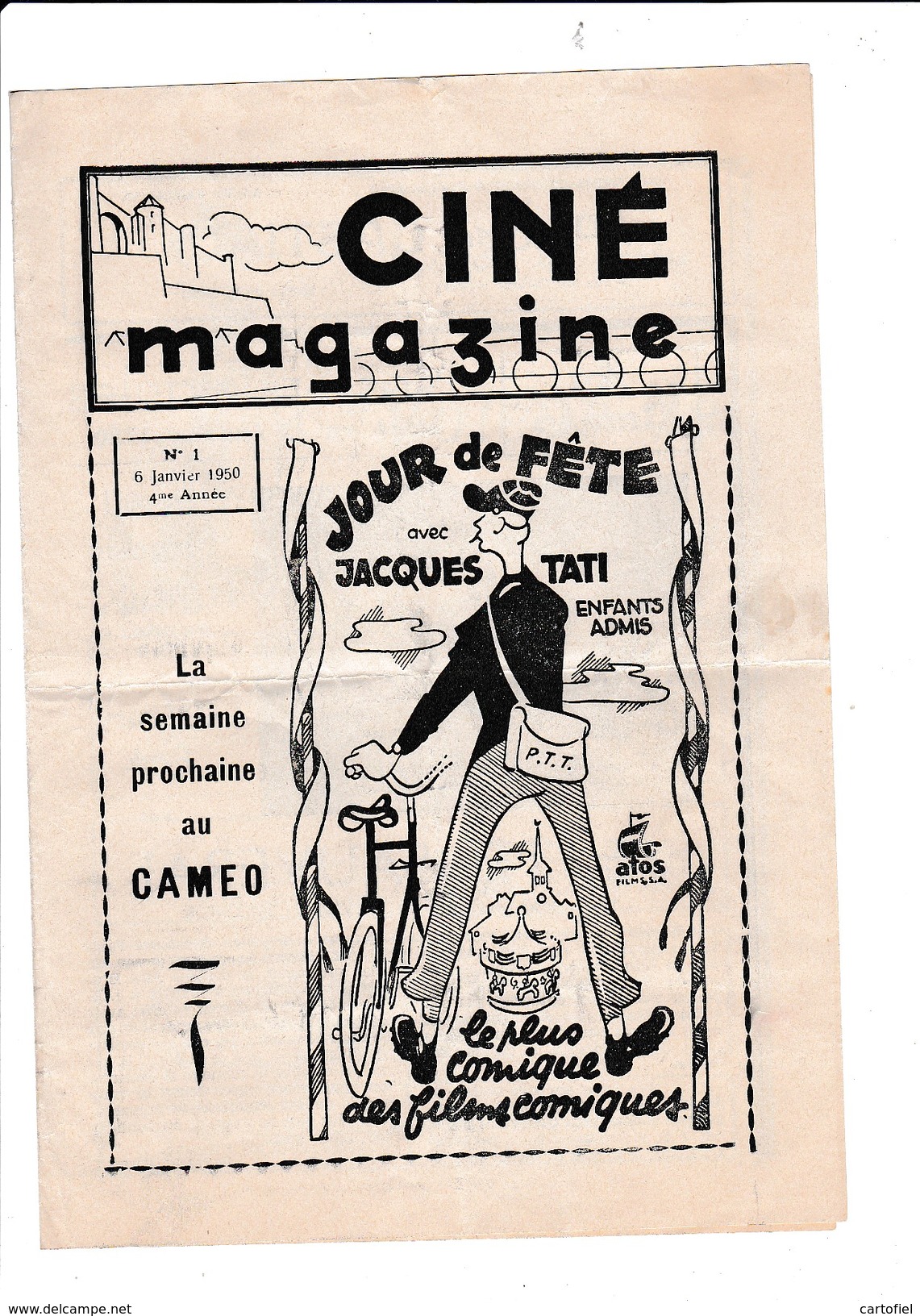 NAMUR-CINE-CAMEO-MAGAZINE-4 PAGES-06.01.1950-FILM-CINEMA-JOUR DE FETE-JACQUES TATI-TRES BIEN CONSERVE-VOYEZ 2 SCANS! ! ! - Programmi