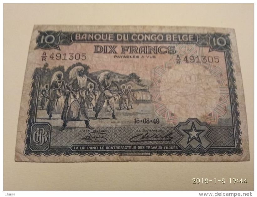 10 Francs 1949 - Banca Del Congo Belga