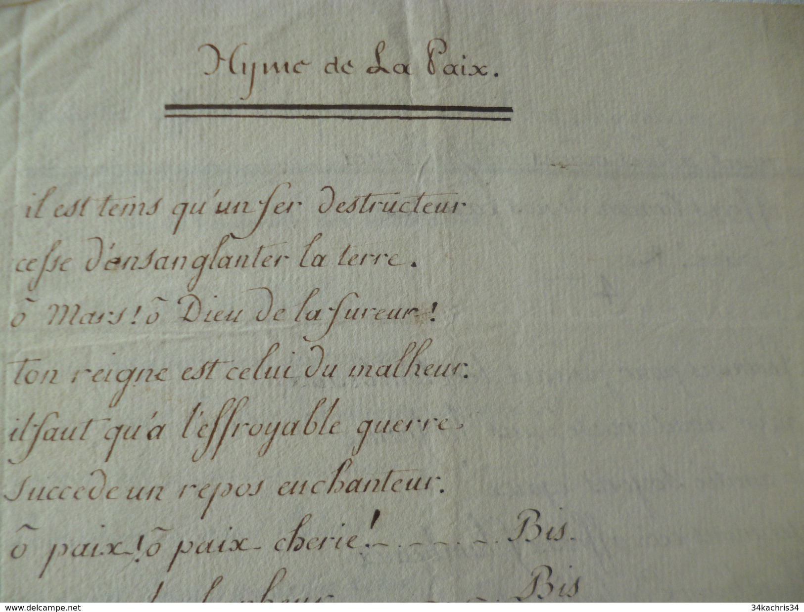 Chanson Poésie Manuscrit Révolution Hymne à La Paix Conseil Des  Cents 19ème - Manuscrits