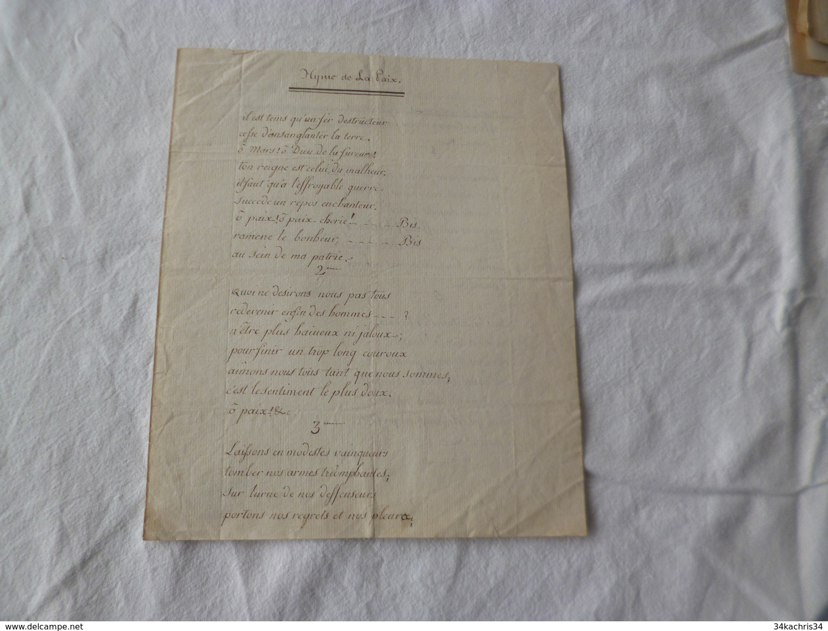 Chanson Poésie Manuscrit Révolution Hymne à La Paix Conseil Des  Cents 19ème - Manuscripten
